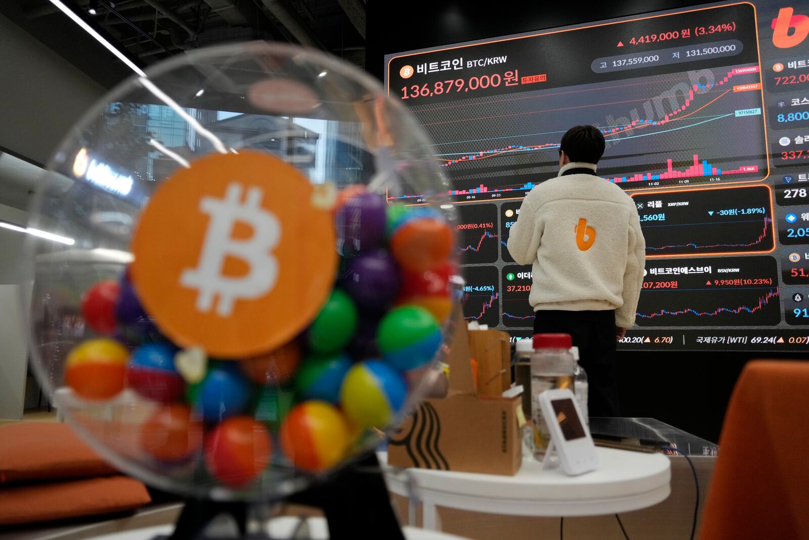 An employee watches an electronic signboard displaying the prices of Bitcoin and other cryptocurrencies at the lounge of Bithumb cryptocurrency exchange in Seoul, South Korea, Thursday, Nov. 21, 2024. (AP Photo/Ahn Young-joon)