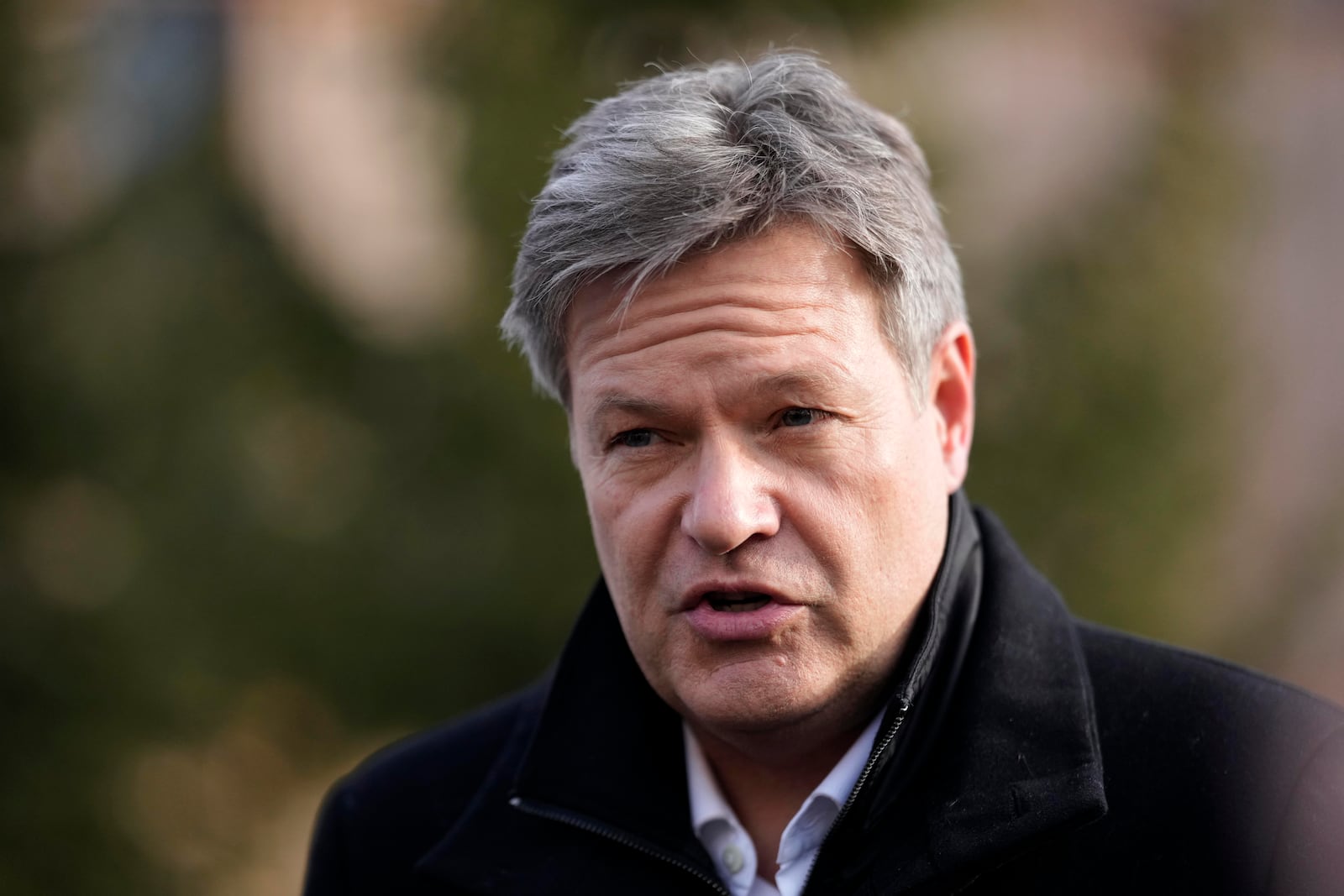 FILE - German Economy and Climate Minister Robert Habeck answers questions on the sidelines of the annual meeting of the World Economic Forum in Davos, Switzerland, Jan. 23, 2025. (AP Photo/Markus Schreiber, File)