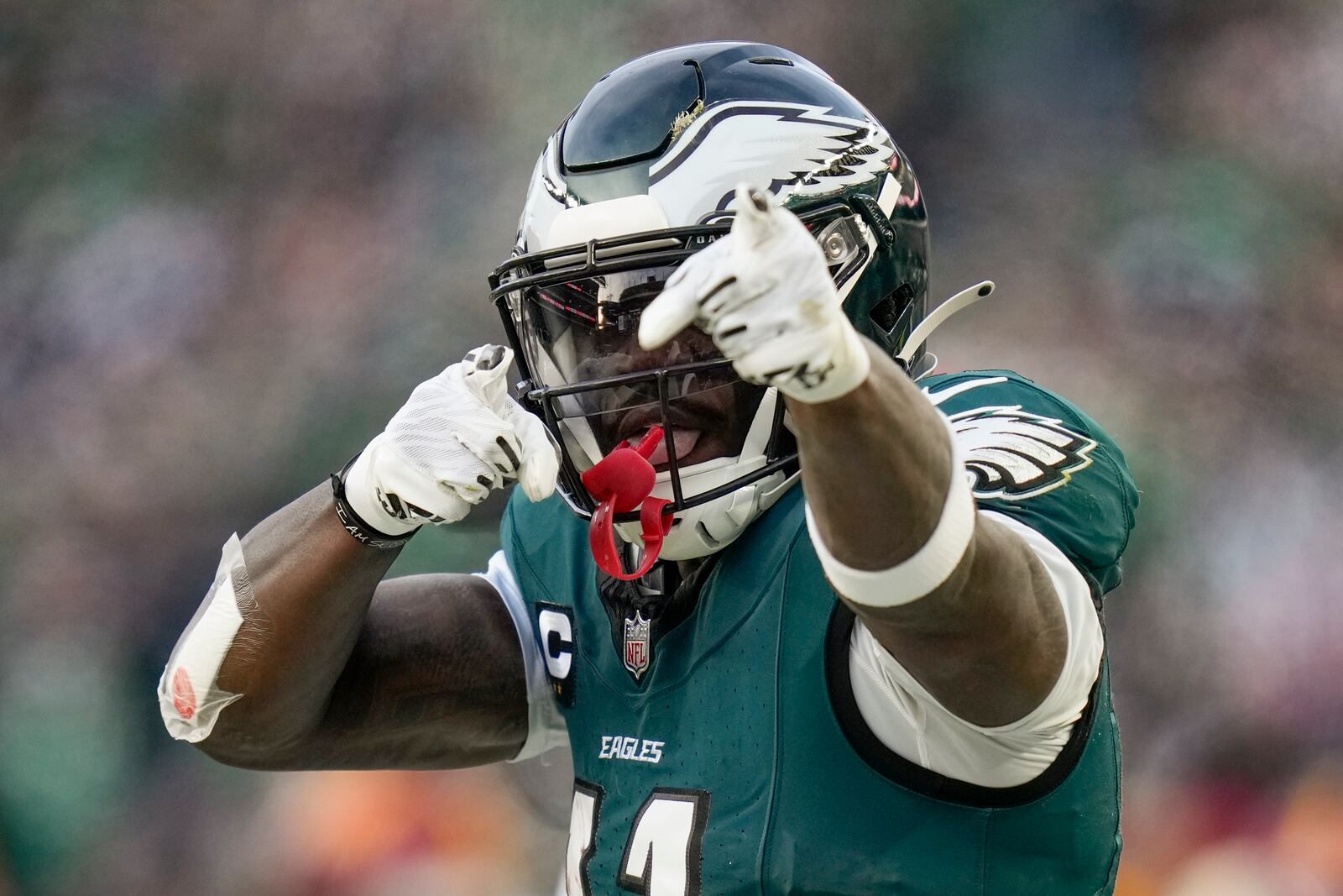 Philadelphia Eagles wide receiver A.J. Brown celebrates after a first down against the Washington Commanders during the first half of the NFC Championship NFL football game, Sunday, Jan. 26, 2025, in Philadelphia. (AP Photo/Seth Wenig)