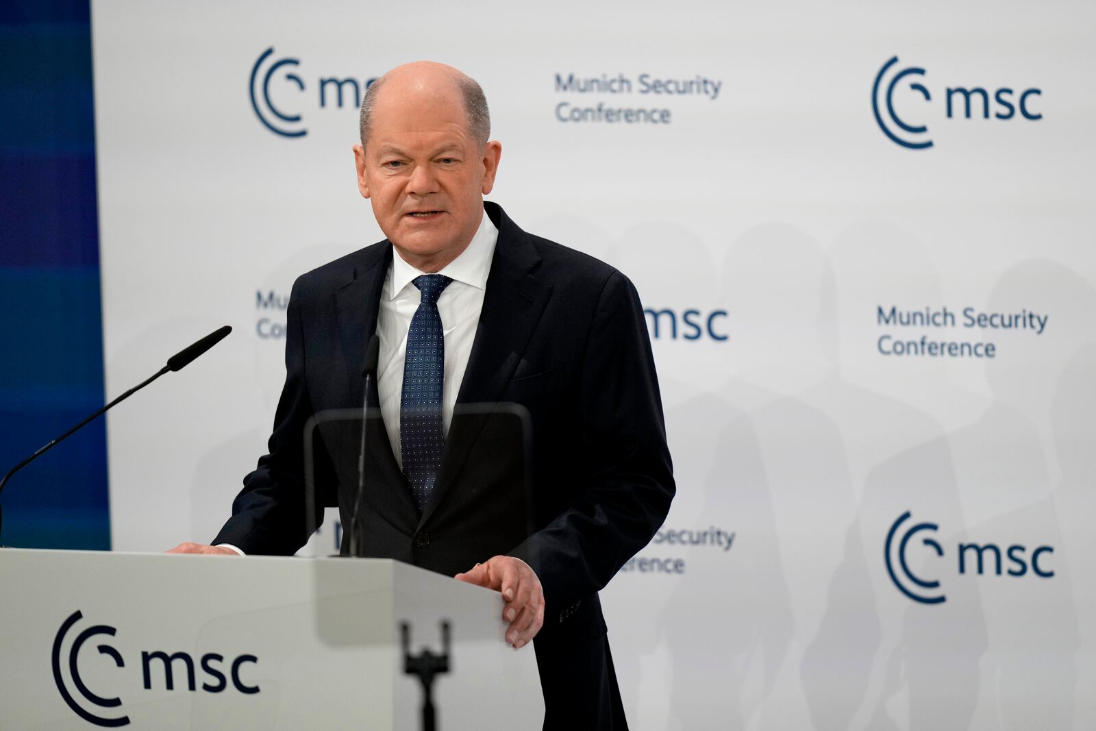 Germany's Chancellor Olaf Scholz speaks during the Munich Security Conference at the Bayerischer Hof Hotel in Munich, Germany, Saturday, Feb. 15, 2025. (AP Photo/Matthias Schrader)