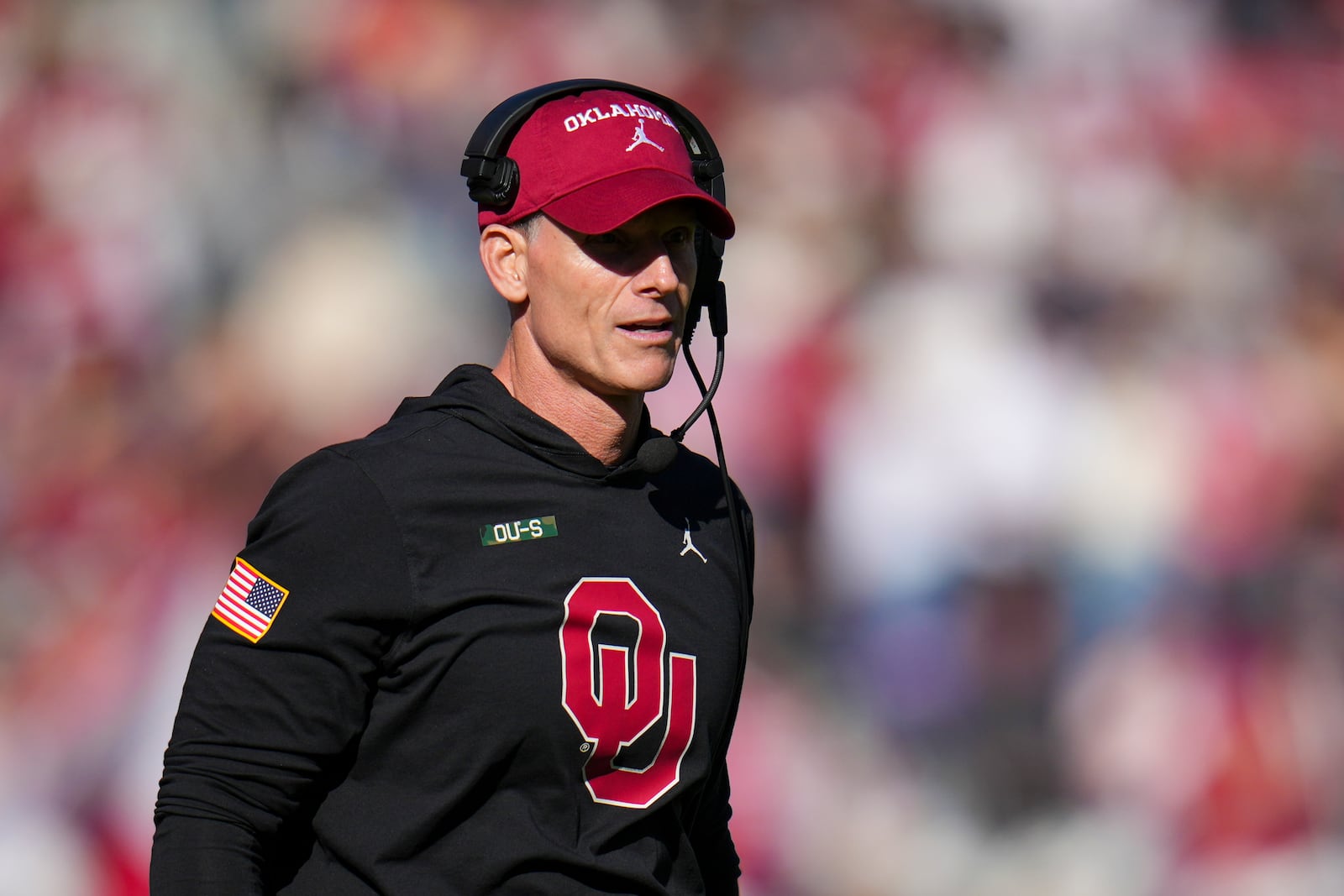 Oklahoma head coach Brent Venables looks on during the first half of the Armed Forces Bowl NCAA college football game against Navy, Friday, Dec. 27, 2024, in Fort Worth, Texas. (AP Photo/Julio Cortez)