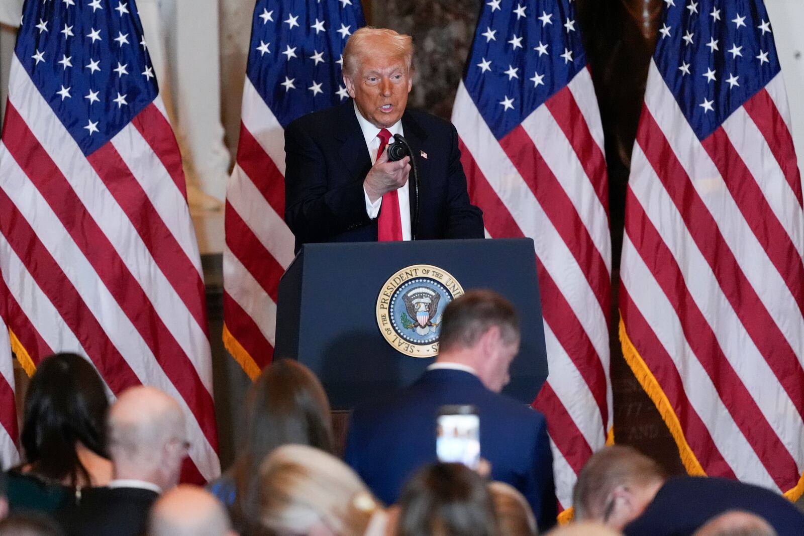 President Donald Trump arrives to speak during the National Prayer Breakfast, at the Capitol in Washington, Thursday, Feb. 6, 2025. (AP Photo/J. Scott Applewhite)