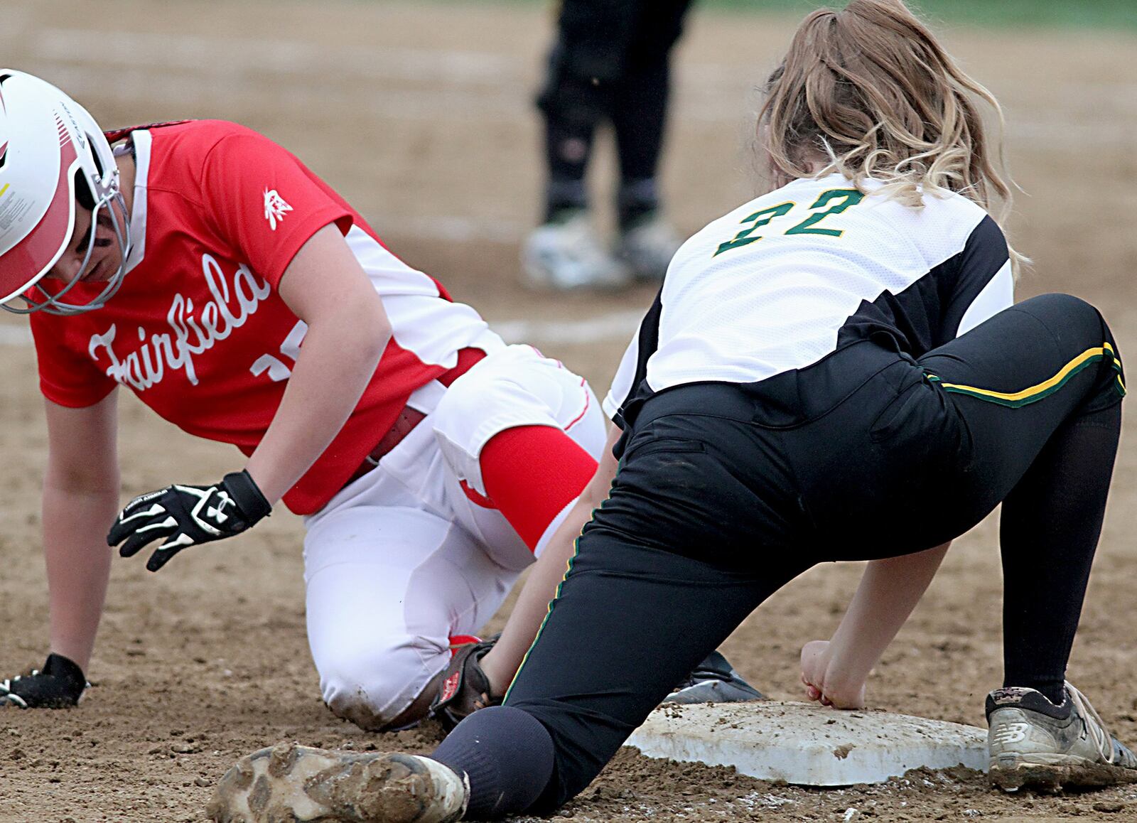 Fairfield’s Jordan Shotwell is tagged out by Sycamore third baseman Elizabeth Eilers on Tuesday at Fairfield Middle School. CONTRIBUTED PHOTO BY E.L. HUBBARD