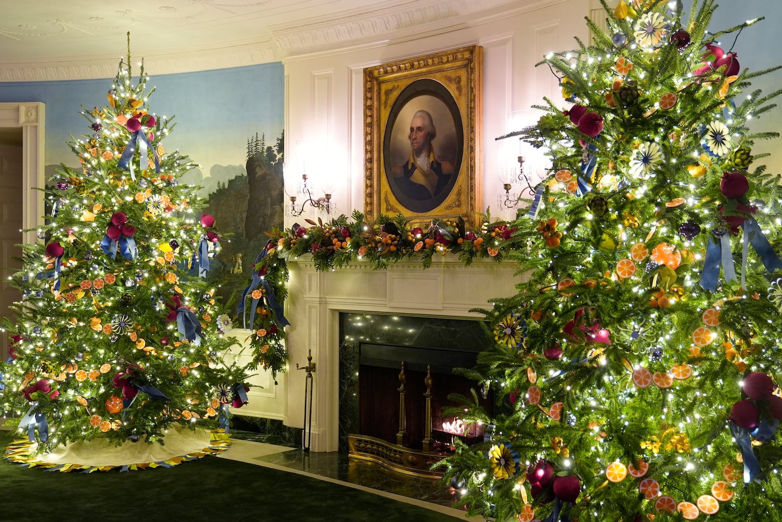 The Diplomatic Reception Room of the White House in Washington, is decorated for the holidays, Monday, Dec. 2, 2024. (AP Photo/Susan Walsh)