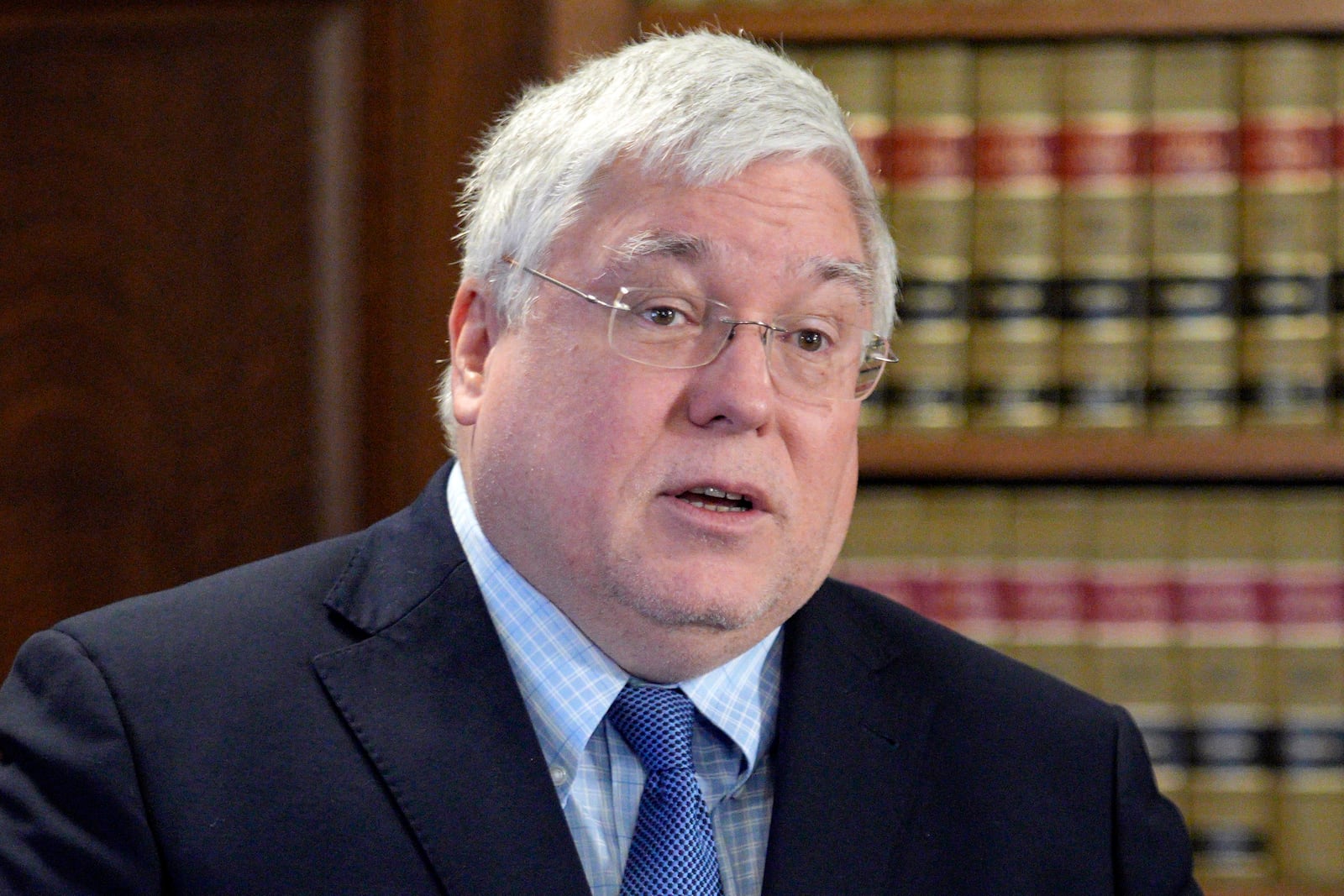 FILE - West Virginia Attorney General Patrick Morrisey speaks during a news conference at the state Capitol, in Charleston, W.Va., May 4, 2023. (AP Photo/Jeff Dean, File)