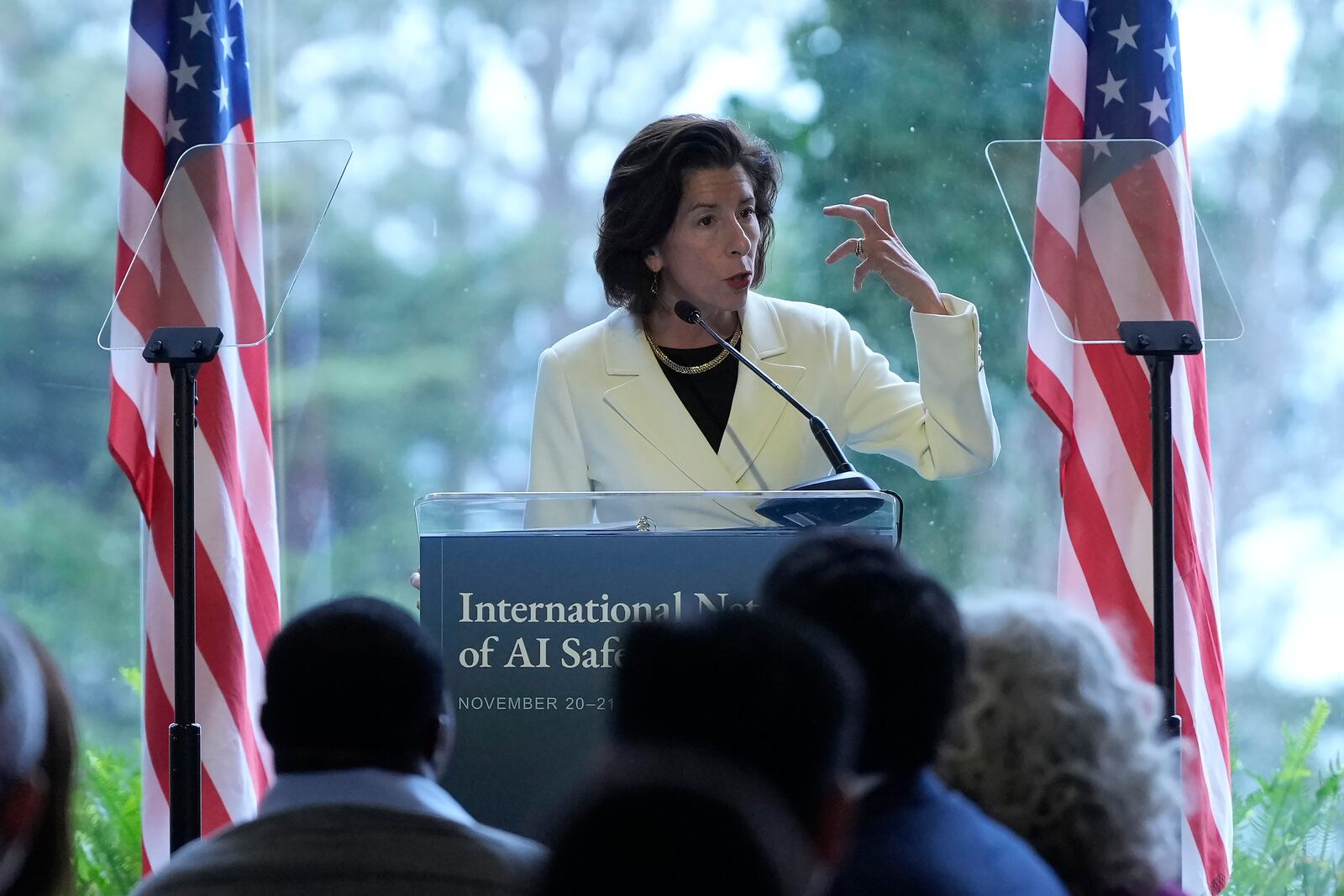 Secretary of Commerce Gina Raimondo speaks at the convening of the International Network of AI Safety Institutes at the Golden Gate Club at the Presidio in San Francisco, Wednesday, Nov. 20, 2024. (AP Photo/Jeff Chiu)