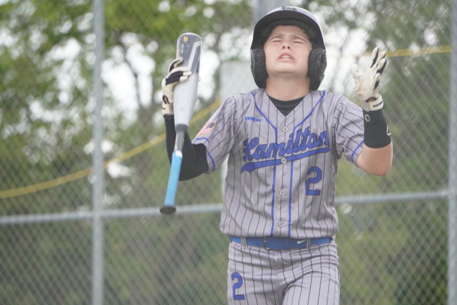 West Side's Jordan Malloy (2) shows his frustration after striking out against Boardman on Sunday in the Ohio Little League state tournament at West Side Little League. Chris Vogt/CONTRIBUTED