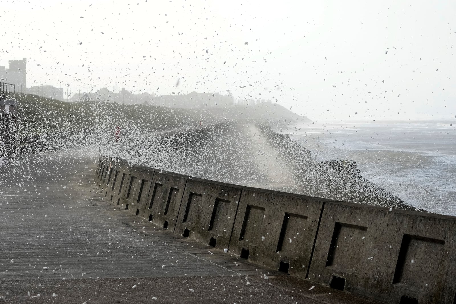 Waves crash on the Seawall during Storm Eowyn that hits the country in Cleveleys, near Blackpool, England, Friday, Jan. 24, 2025.(AP Photo/Jon Super)