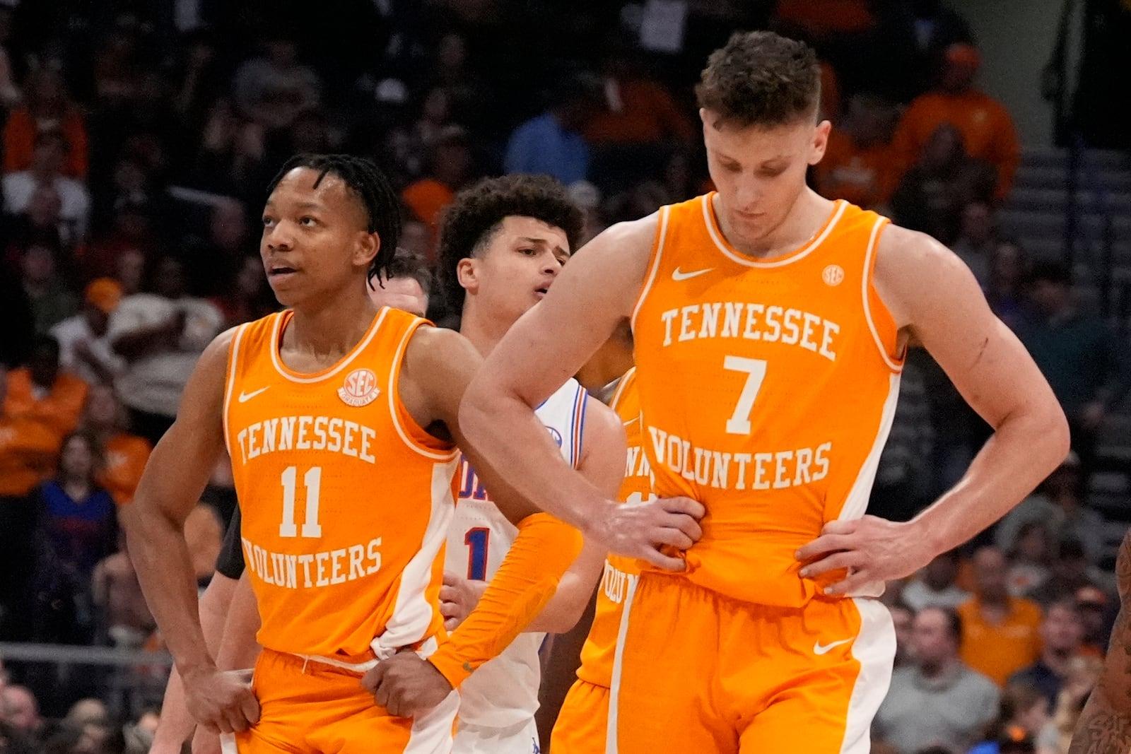 Tennessee forward Igor Milicic Jr. (7) reacts to play against Florida during the second half of an NCAA college basketball game in the final round of the Southeastern Conference tournament, Sunday, March 16, 2025, in Nashville, Tenn. (AP Photo/George Walker IV)