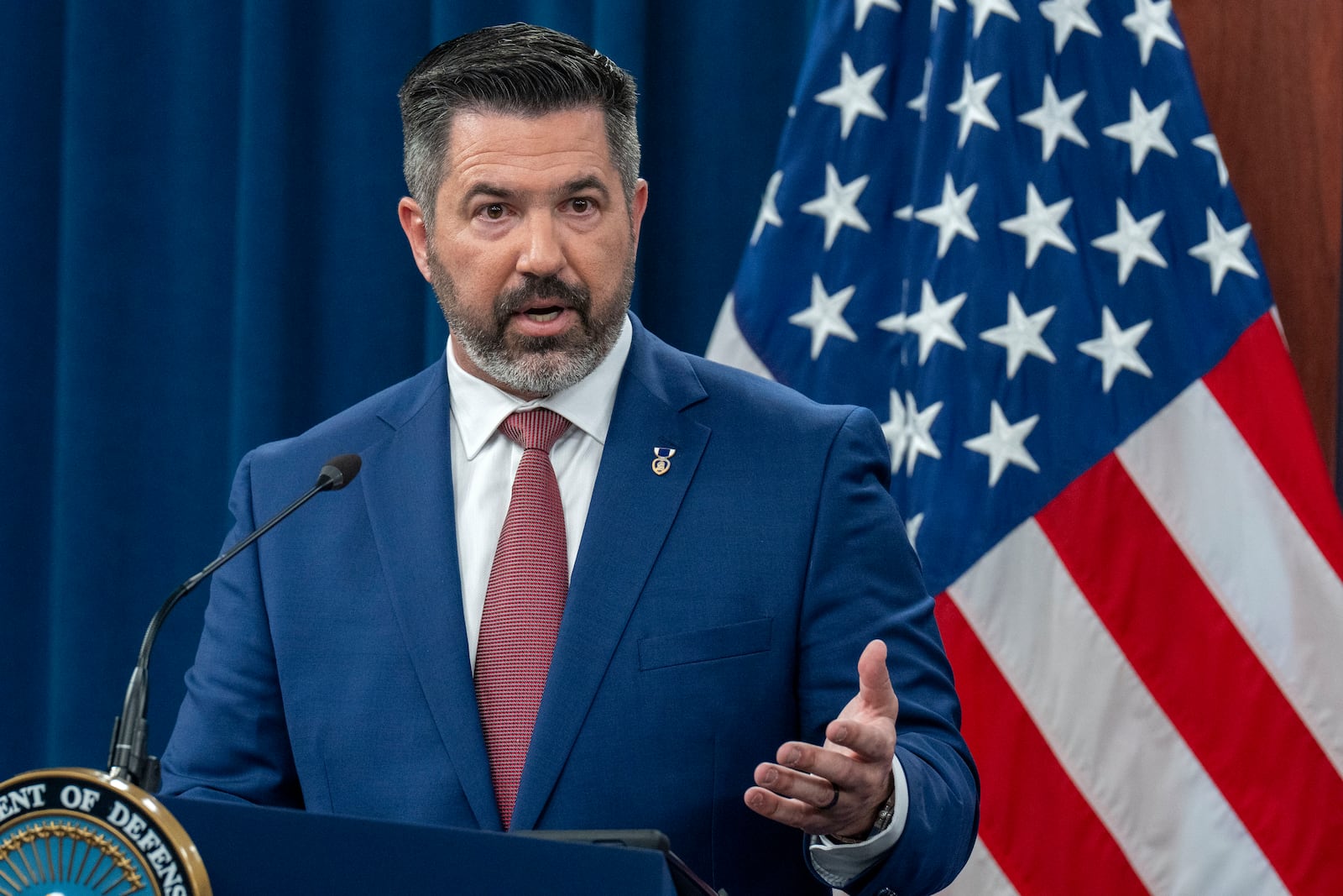 Pentagon press secretary Sean Parnell speaks to the media in the Pentagon Press Briefing Room, Monday, March 17, 2025, at the Pentagon in Washington. (AP Photo/Jacquelyn Martin)