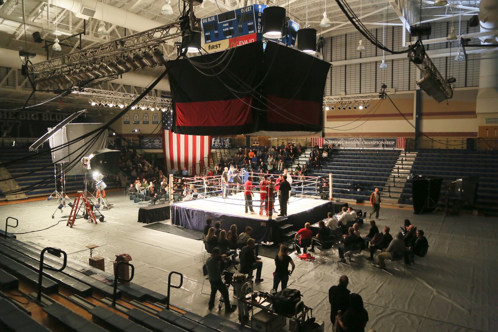 Actors Prem Singh and Michael Pugliese film a fight scene for the movie “Tiger” in the gymnasium at Hamilton High School. 