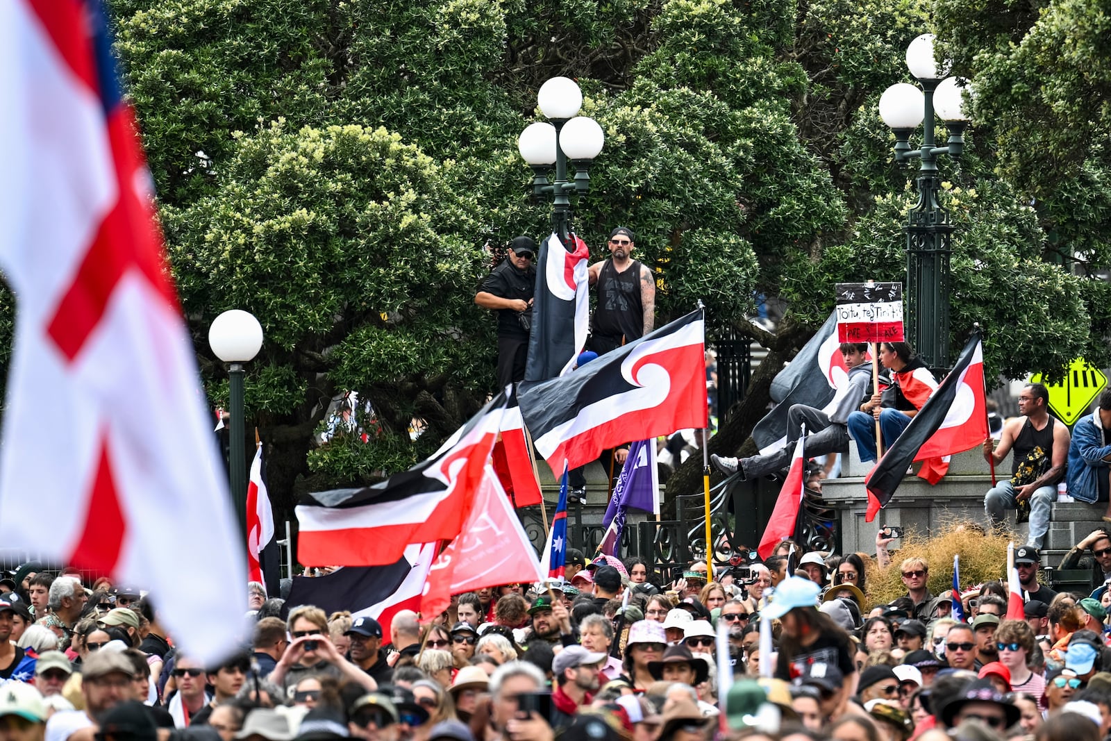 Thousands of people gather outside New Zealand's parliament to protest a proposed law that would redefine the country's founding agreement between Indigenous Māori and the British Crown, in Wellington Tuesday, Nov. 19, 2024. (AP Photo/Mark Tantrum)