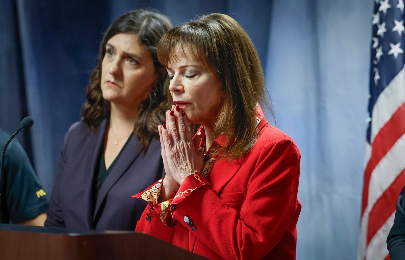 State Attorney Katherine Fernandez Rundle, right, reacts as she speaks during a press conference at the State Attorney's Office, in Miami, Wednesday, Dec. 11, 2024, regarding the arrest of the Alexander twin brothers and suspect at large Ohad Fisherman for their sexual assault allegations in Miami Beach. Natalie Snyder, left, Division Chief of the Sexual Battery and Child Abuse Unit of the State Attorney's Office for Miami-Dade County, listens. (Al Diaz/Miami Herald via AP)