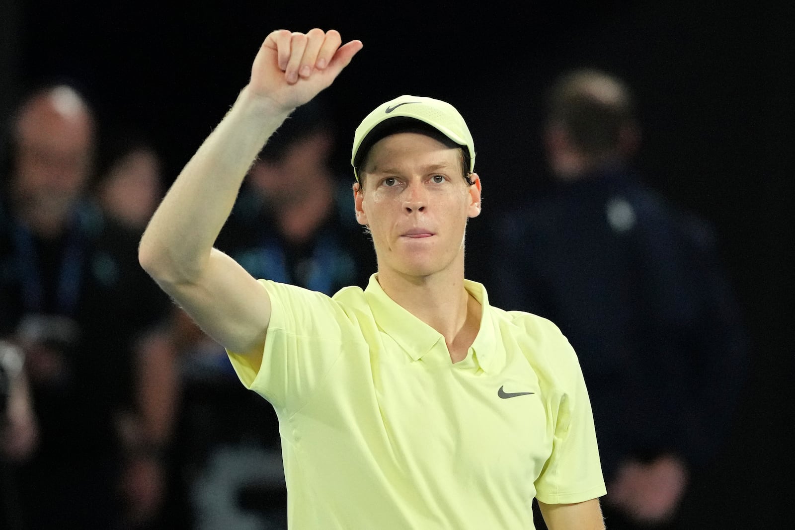 Jannik Sinner of Italy celebrates after defeating Alexander Zverev of Germany in the men's singles final at the Australian Open tennis championship in Melbourne, Australia, Sunday, Jan. 26, 2025. (AP Photo/Vincent Thian)