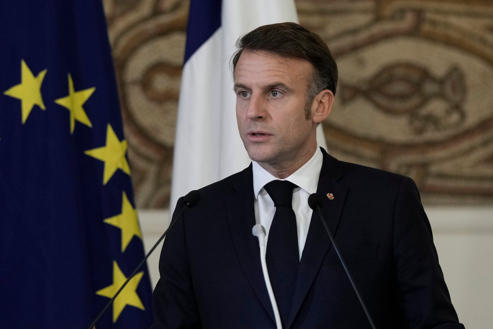 French President Emmanuel Macron speaks during a join news conference with Lebanese President Joseph Aoun at the presidential palace in Baabda, in east of Beirut, Lebanon, Friday, Jan. 17, 2025. (AP Photo/Bilal Hussein)