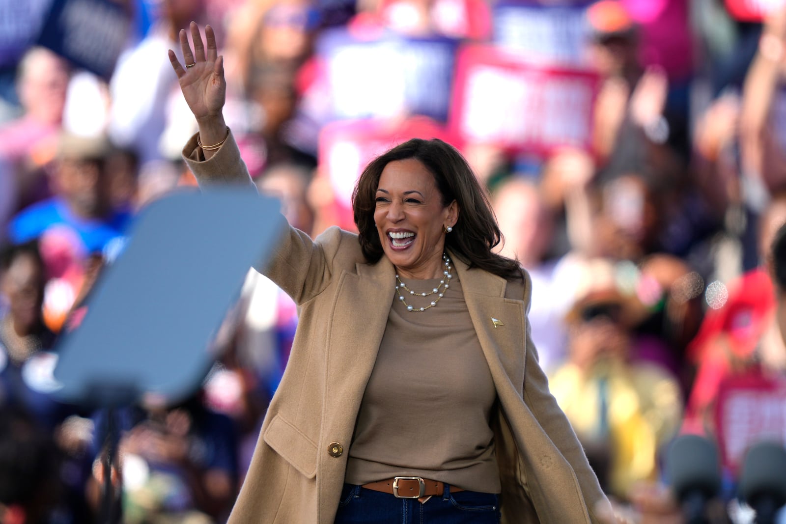 Democratic presidential nominee Vice President Kamala Harris arrives to speak during a campaign rally outside the Atlanta Civic Center, Saturday, Nov. 2, 2024. (AP Photo/Brynn Anderson)