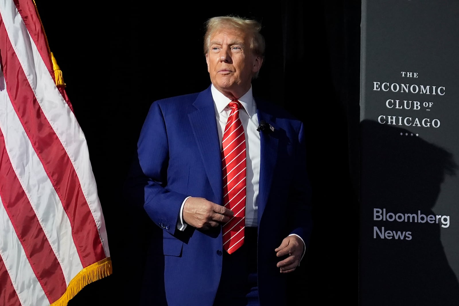 Republican presidential nominee former President Donald Trump speaks during an interview with Bloomberg News Editor-in-Chief John Micklethwait during an event with the Economic Club of Chicago, Tuesday, Oct. 15, 2024, in Chicago. (AP Photo/Evan Vucci)