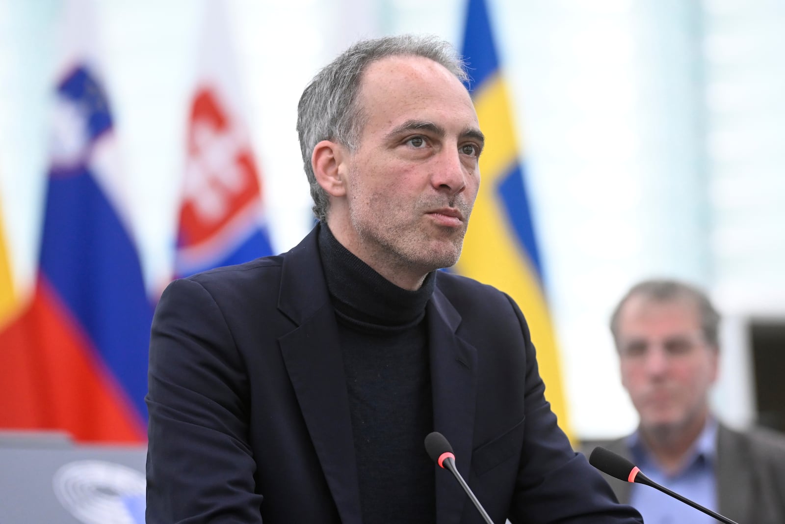 FILE - Raphael Glucksmann at the European Parliament Tuesday, March 11, 2025 in Strasbourg, eastern France. (AP Photo/Pascal Bastien, file)