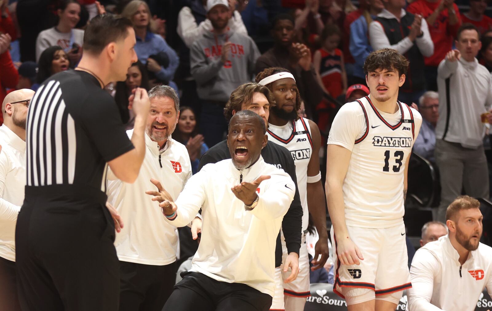 Dayton's Anthony Grant protests a call during the second half of a game game against Duquesne on Saturday, Feb. 15, 2025, at UD Arena. David Jablonski/Staff