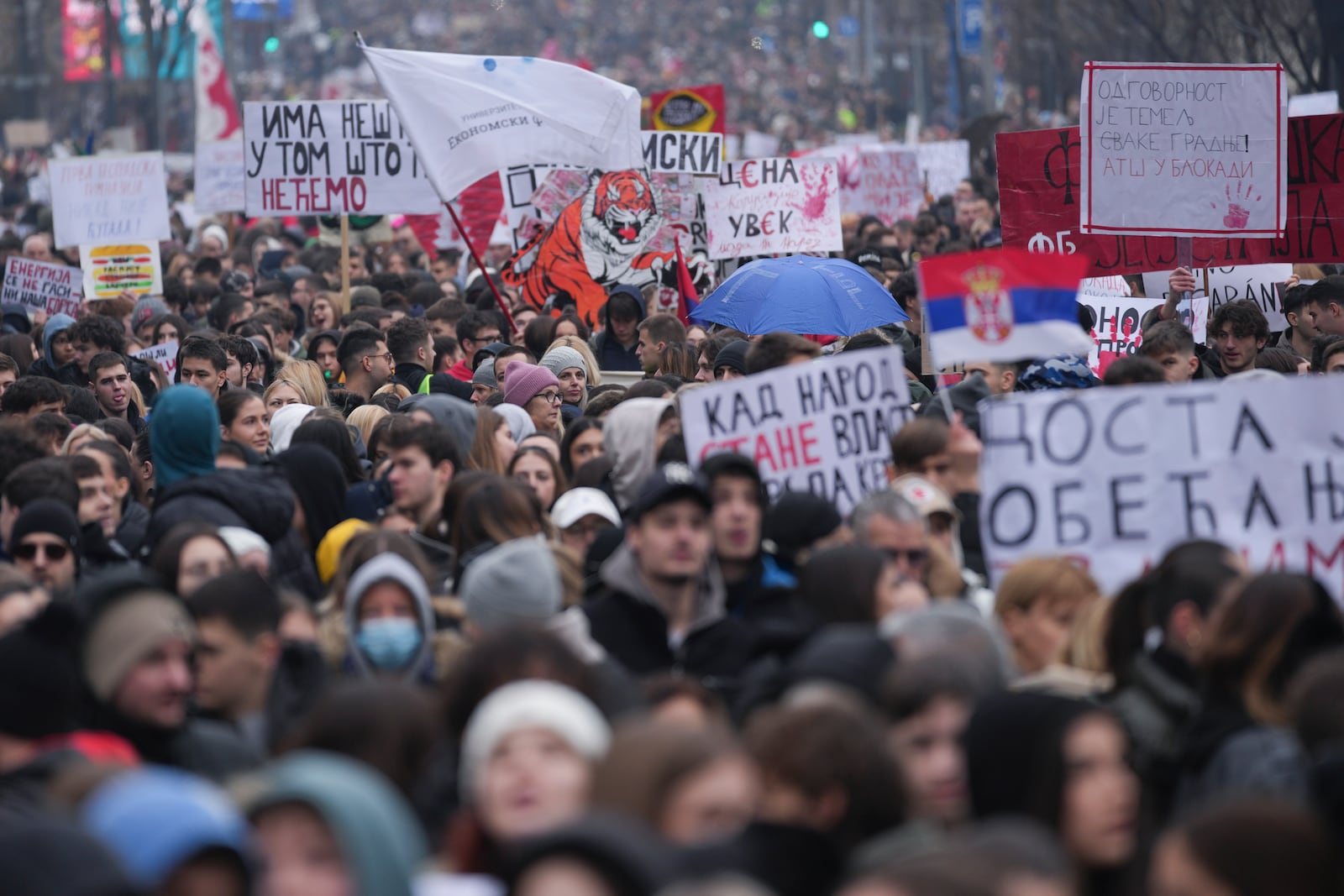 University students joined calls for a general strike after more than two months of protests over the collapse of a concrete canopy that killed 15 people more than two months ago, in Belgrade, Serbia, Friday, Jan. 24, 2025. (AP Photo/Darko Vojinovic)