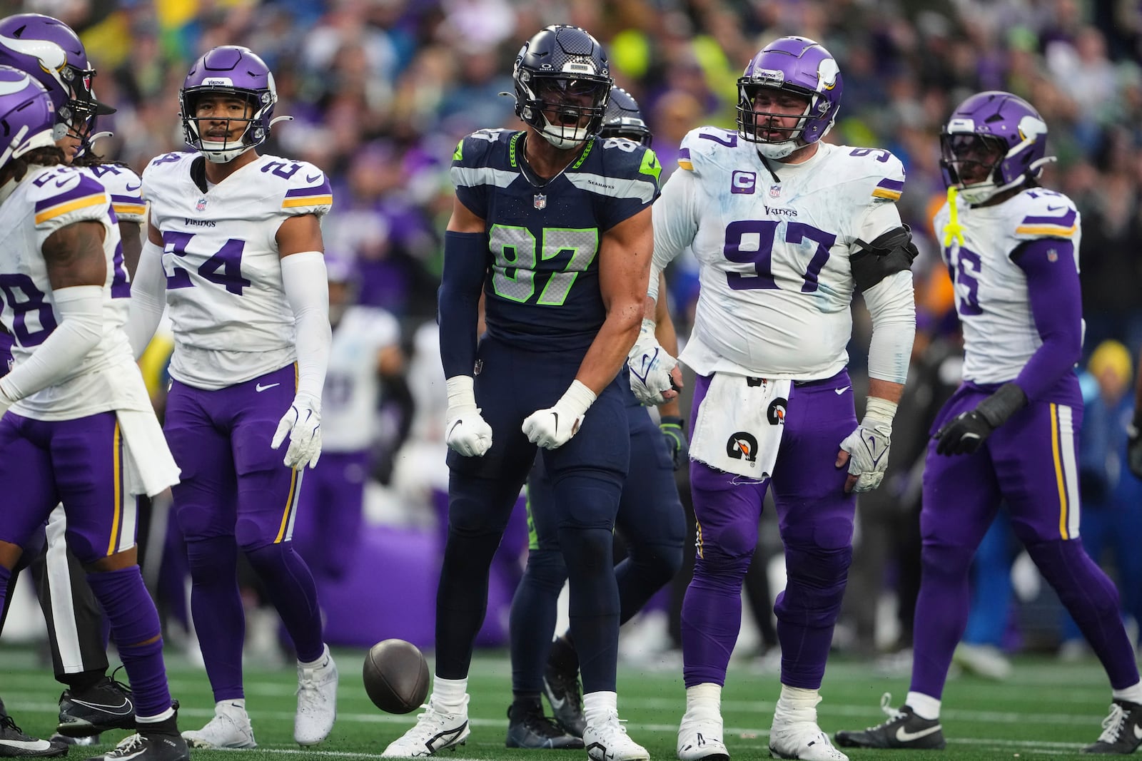 Seattle Seahawks tight end Noah Fant (87) celebrates during the second half of an NFL football game against the Minnesota Vikings, Sunday, Dec. 22, 2024, in Seattle. (AP Photo/Lindsey Wasson)