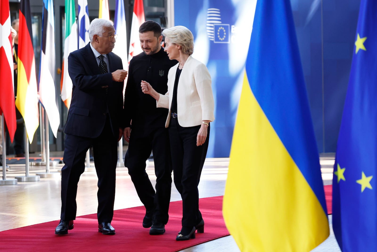 FILE - From left, European Council President Antonio Costa, Ukraine's President Volodymyr Zelenskyy and European Commission President Ursula von der Leyen arrive for an EU Summit at the European Council building in Brussels, Thursday, March 6, 2025. (AP Photo/Omar Havana, File)