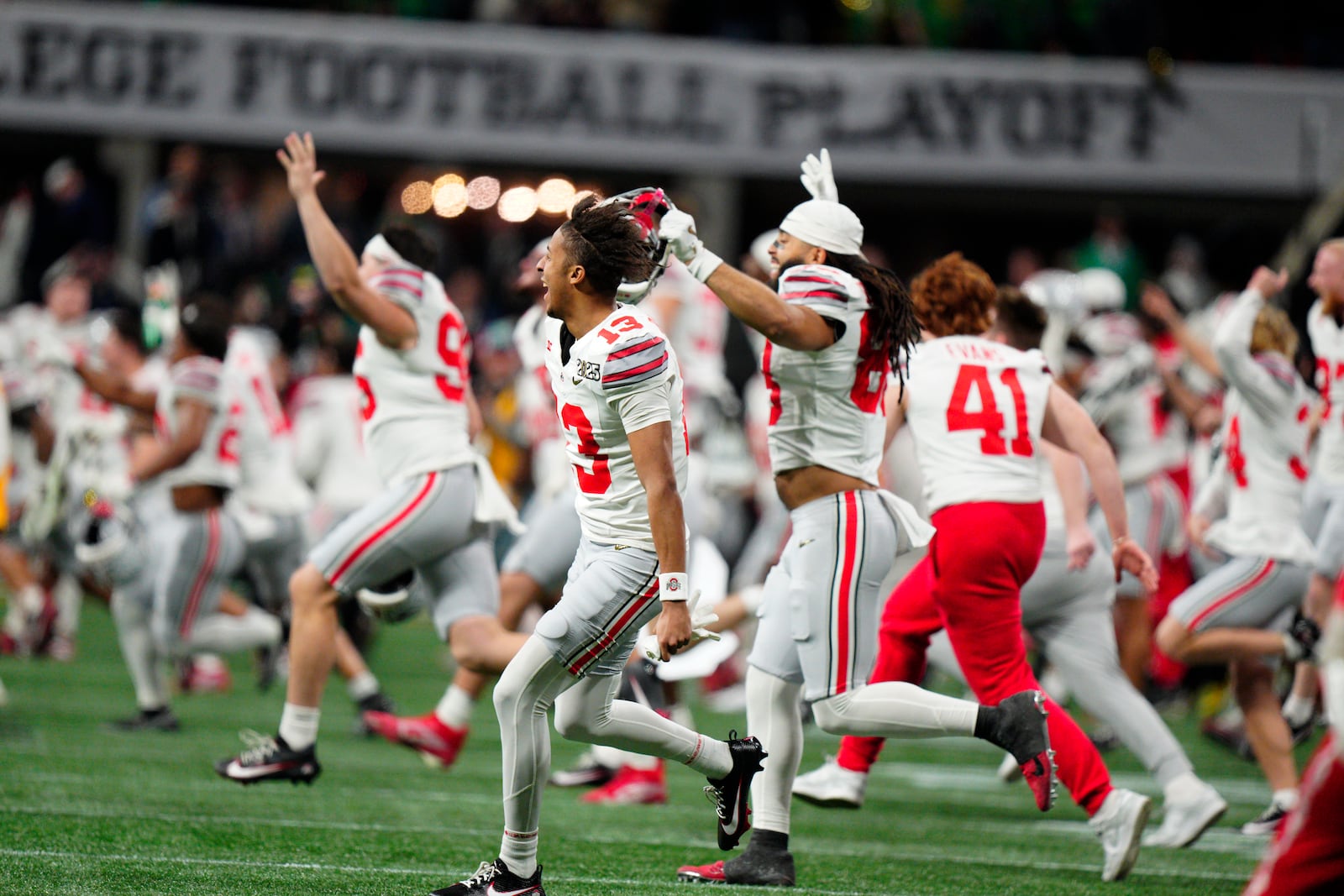 Ohio State celebrates after their win against Notre Dame in the College Football Playoff national championship game Monday, Jan. 20, 2025, in Atlanta. (AP Photo/Jacob Kupferman)