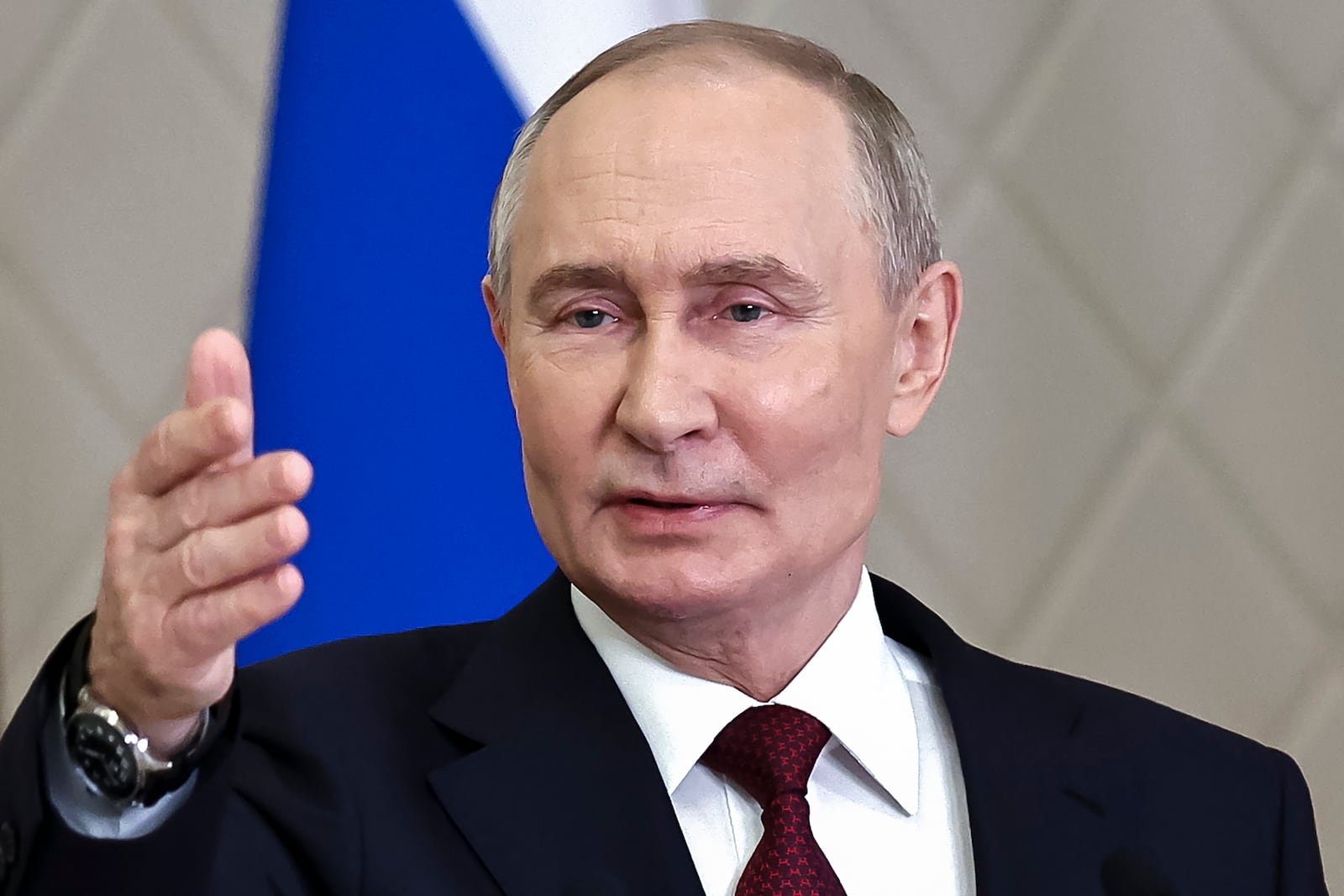 Russian President Vladimir Putin gestures while speaking to the media after the summit of the Collective Security Treaty Organization in Astana, Kazakhstan, Thursday, Nov. 28, 2024. (Mikhail Tereshchenko, Sputnik, Kremlin Pool Photo via AP)