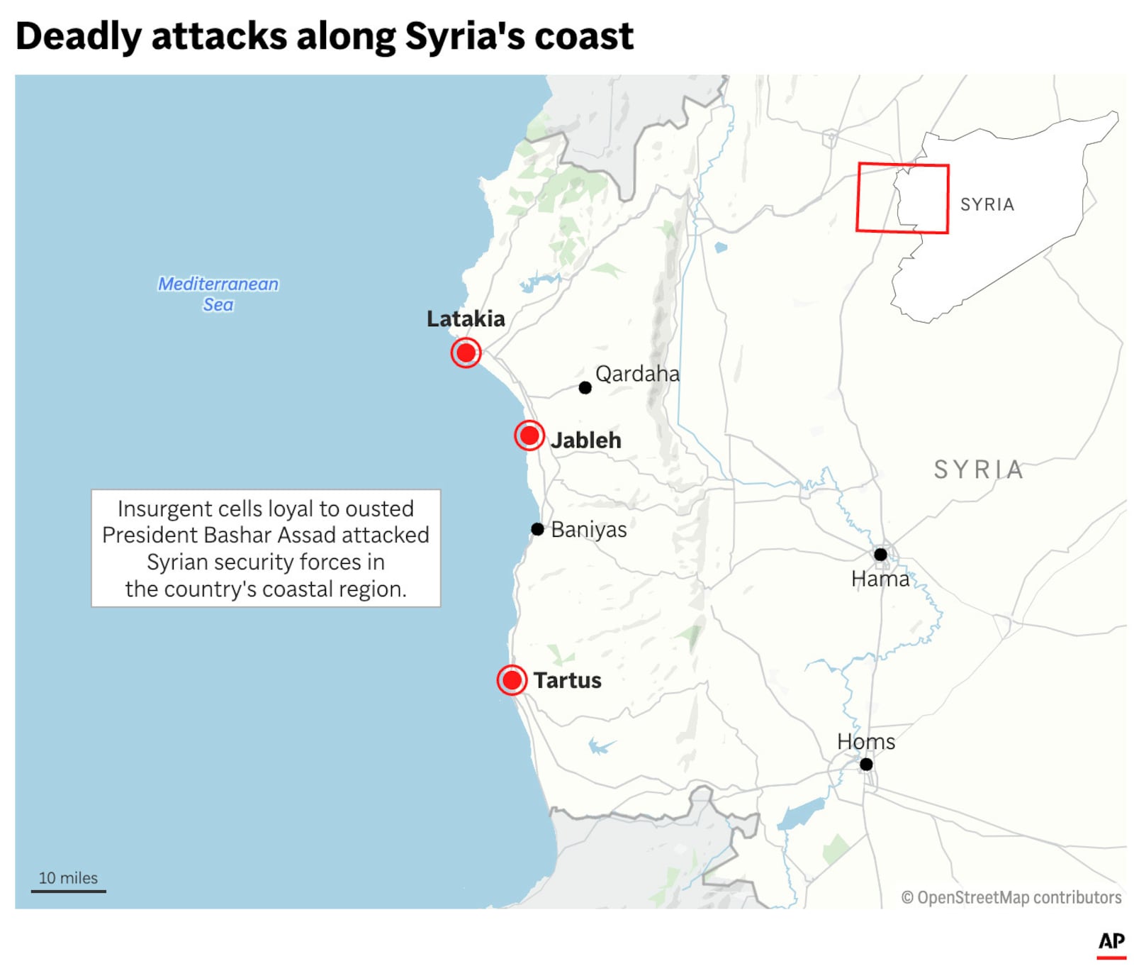 The map above locates coastal cities in Syria where clashes between Syrian security forces and gunmen loyal to ousted President Bashar Assad have killed more than 70 people. (AP Graphic)