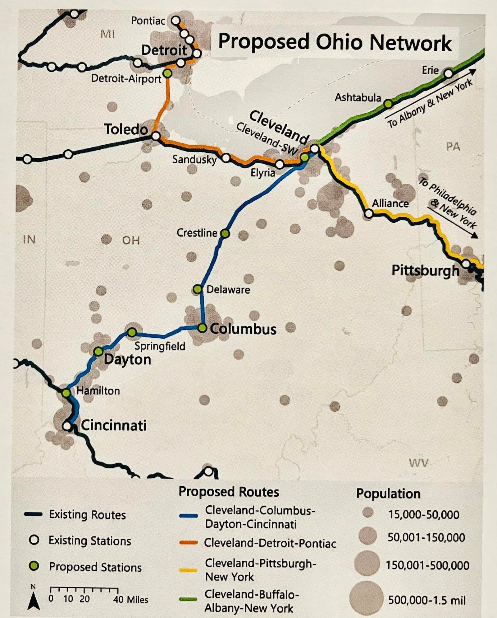 Ohio is looking to add a Cincinnati-Dayton-Columbus-Cleveland line on Amtrak's passenger rail network, which could include, according to a draft map, a stop in Hamilton, Ohio. That 3C&D line is one of four proposed in the Ohio network, according to a map released earlier this week. PROVIDED