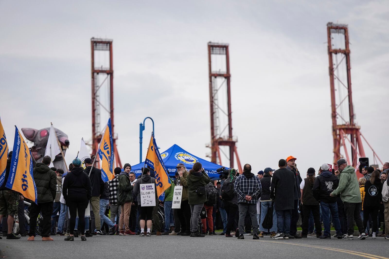 Locked out International Longshore and Warehouse Union Local 514 port workers and supporters attend a rally, in Vancouver, British Columbia, Friday, Nov. 8, 2024. (Darryl Dyck/The Canadian Press via AP)