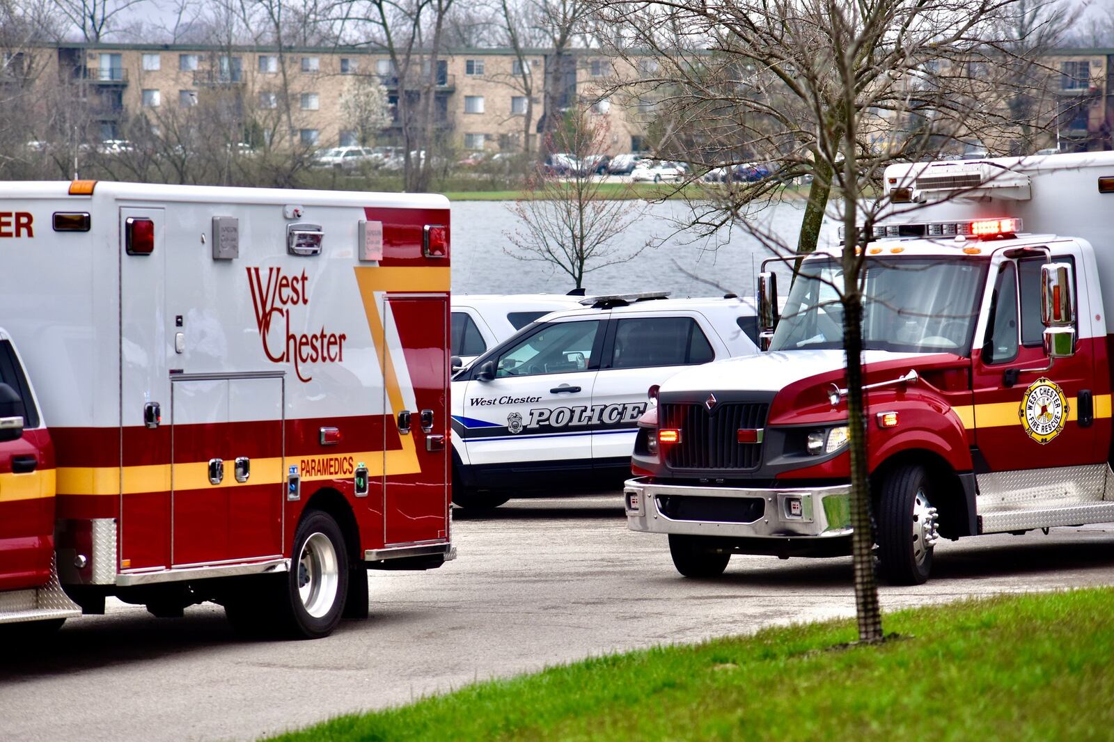 West Chester Township police and fire departments responded to the report of a shooting at Lakota Lake apartments on Lakeside Drive Friday, March 27, 2020. NICK GRAHAM / STAFF