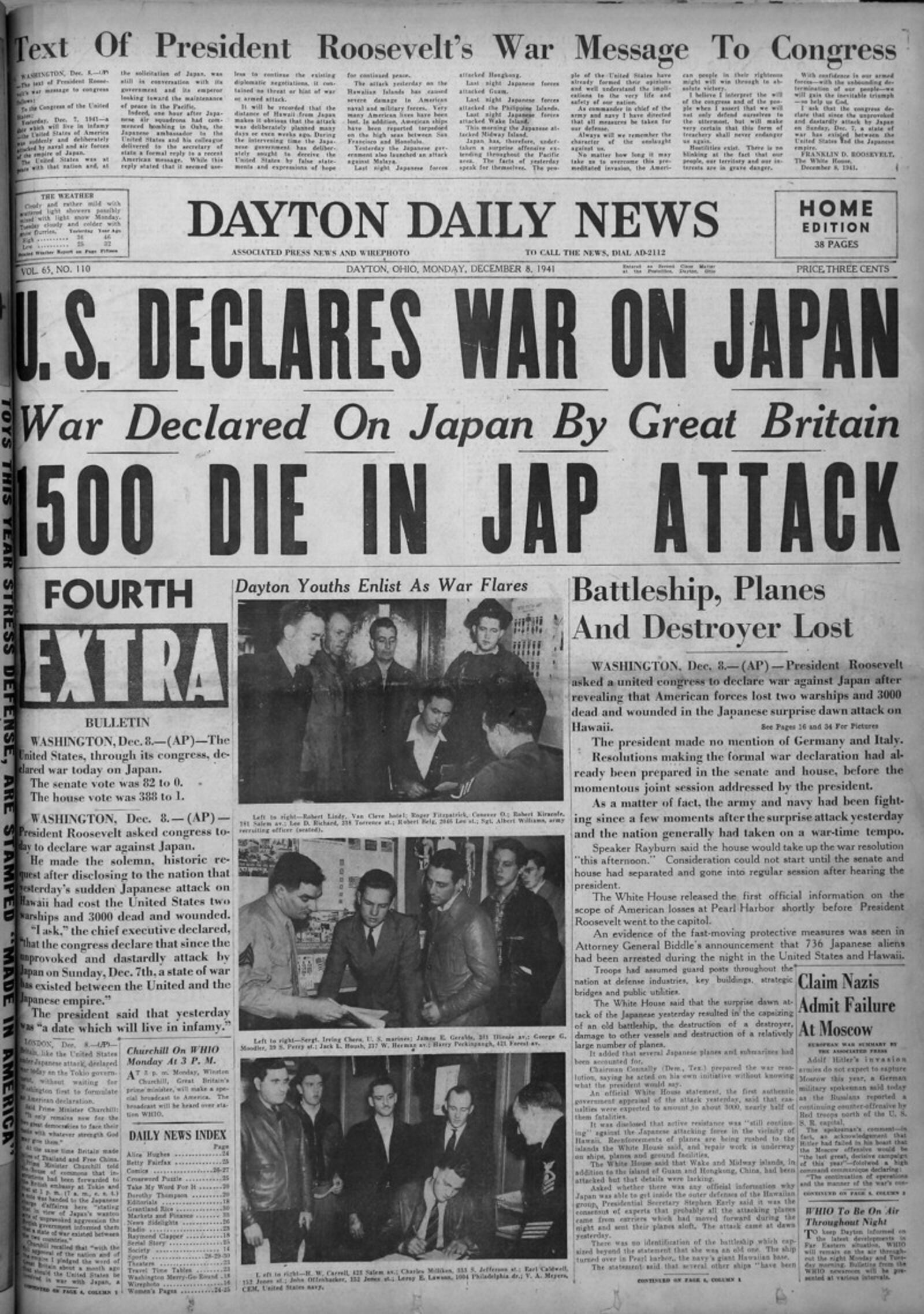 December 8, 1941: The front page of the Dayton Daily News covering the attacks on Pearl Harbor. VIEW THE FULL-SIZE PAGE: https://www.daytondailynews.com/rw/Pub/p9/DaytonDailyNews/2018/08/14/Images/1941_12_08.jpg