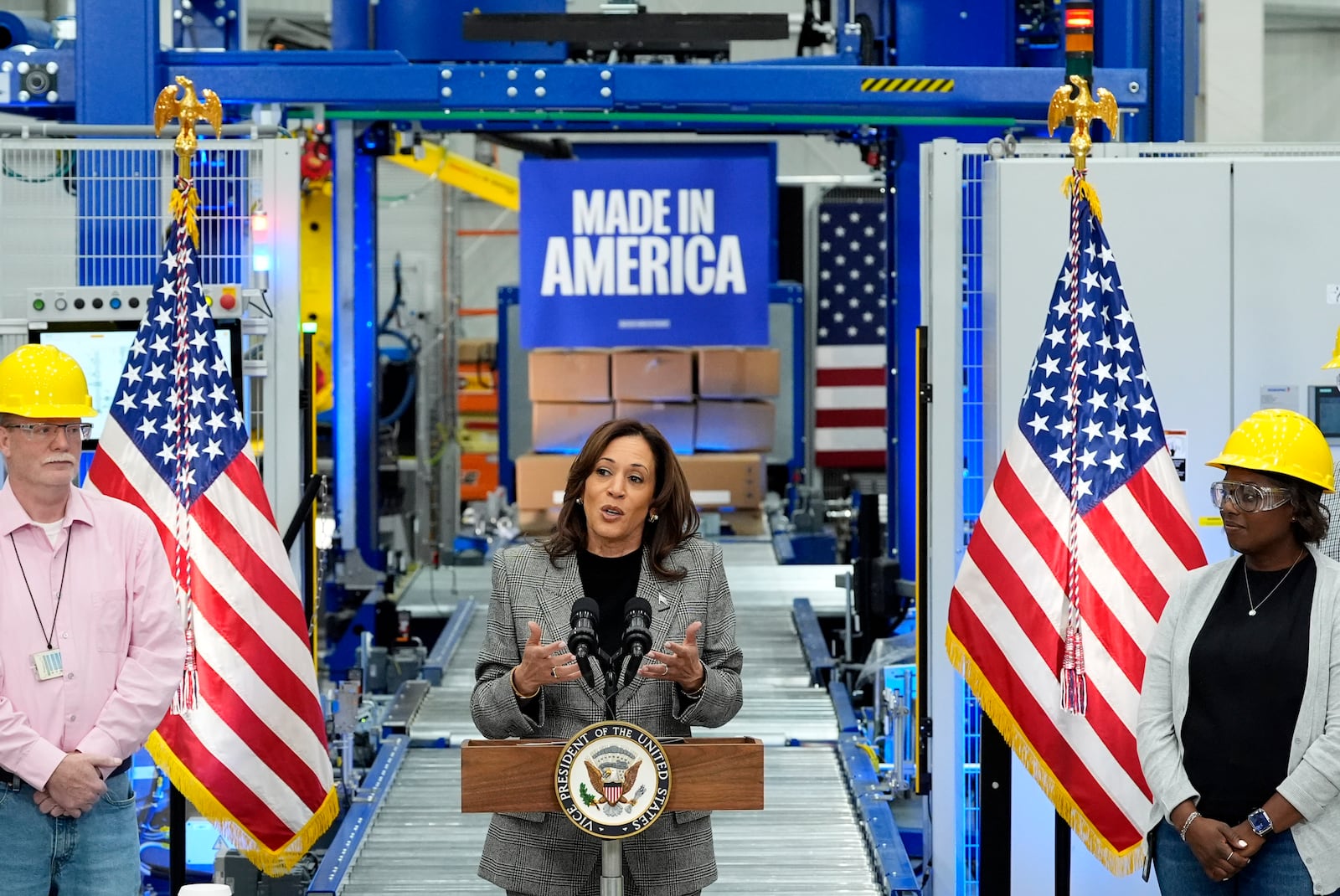 Democratic presidential nominee Vice President Kamala Harris speaks after taking a tour of the Hemlock Semiconductor Next-Generation Finishing facility in Hemlock, Mich., Monday, Oct. 28, 2024. (AP Photo/Jacquelyn Martin)