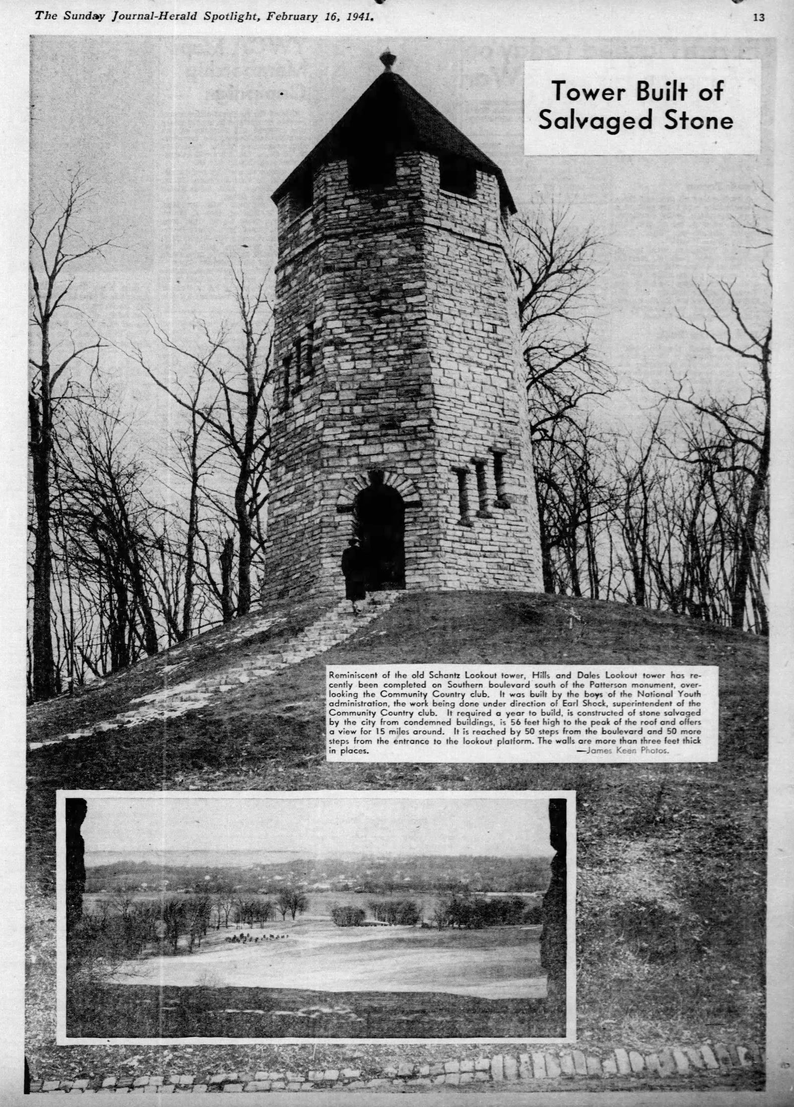 Soon after Lookout Tower in Hills & Dales Park was completed it was featured in the Dayton Journal Herald on Feb. 16, 1941.  