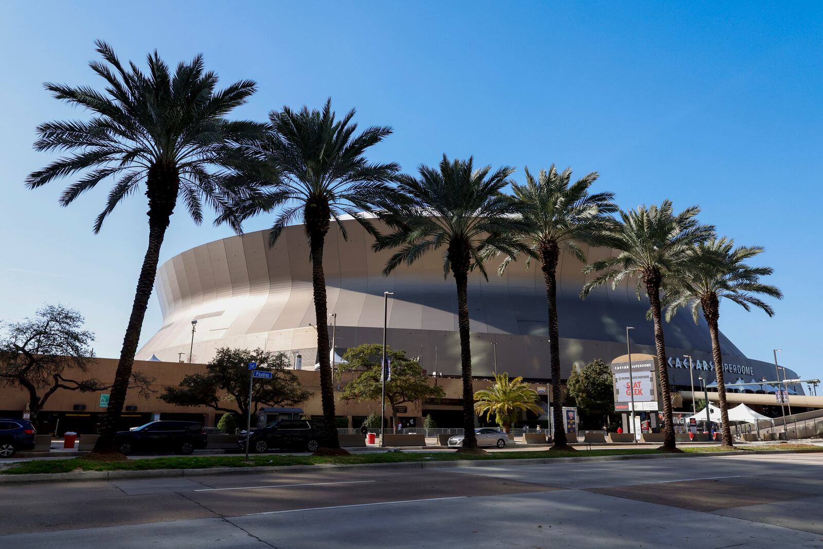 Street view of Superdome ahead of the Sugar Bowl NCAA College Football Playoff game, Thursday, Jan. 2, 2025, in New Orleans. (AP Photo/Butch Dill)