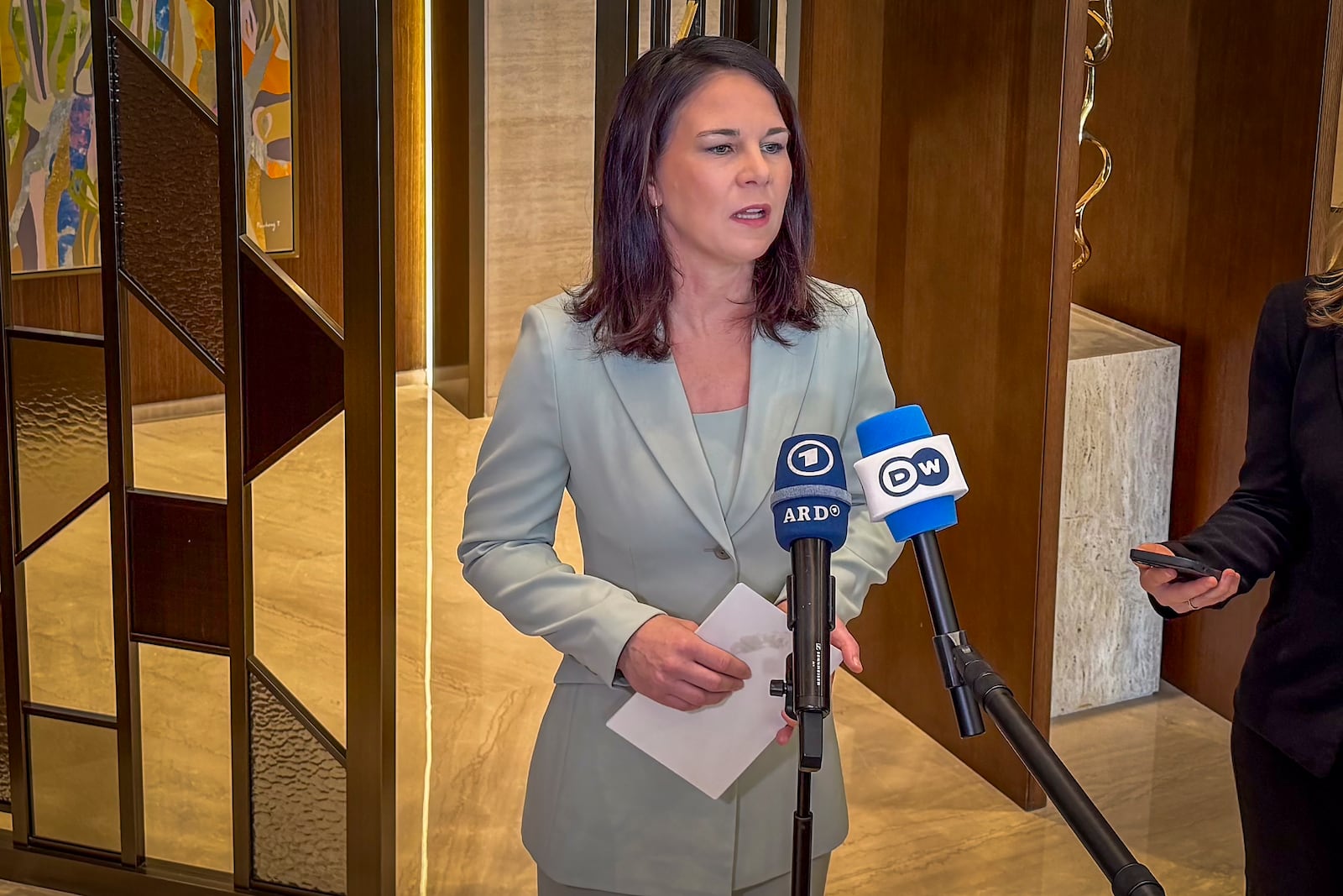 Germany's foreign minister Annalena Baerbock speaks to the press during a conference on Syria's future attended by top European and Middle Eastern diplomats hosted by Saudi Arabia in Riyadh, Sunday, Jan. 12, 2025. (AP Photo/Anwer Baraa)