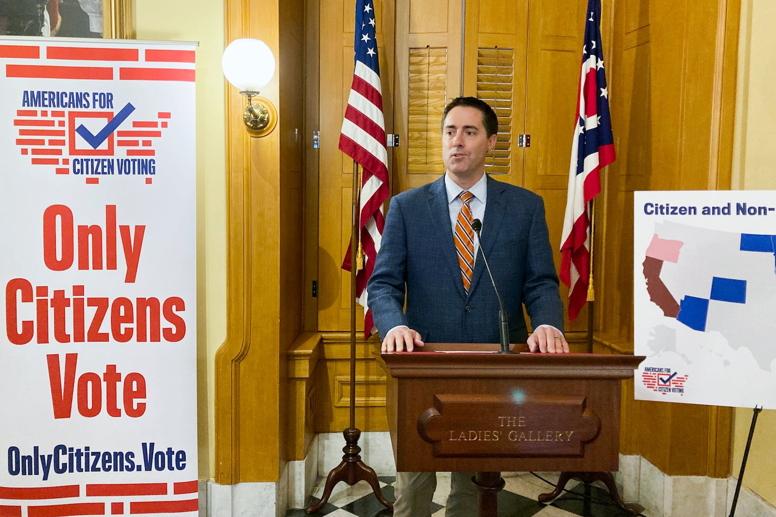 FILE - Republican Secretary of State Frank LaRose speaks at the Ohio Statehouse in Columbus, Ohio, Oct. 6, 2022, about a constitutional amendment that would prohibit noncitizen voting. (AP Photo/Julie Carr Smyth, File)