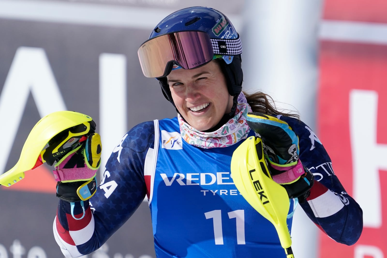 United States' Paula Moltzan reacts after completing an alpine ski, women's World Cup slalom, in Sestriere, Italy, Sunday, Feb. 23, 2025. (AP Photo/Piermarco Tacca)