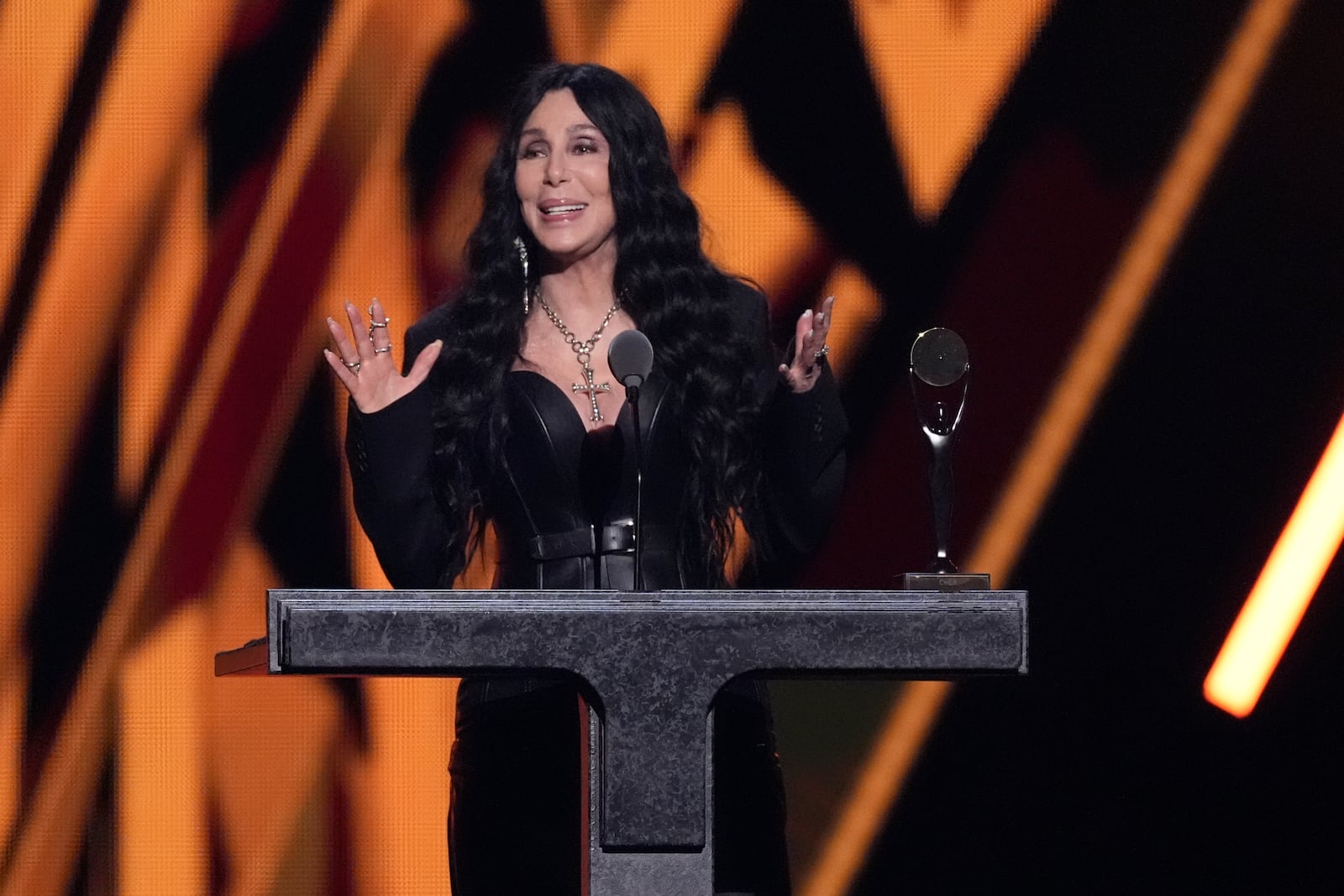 Cher speaks during the 39th Annual Rock & Roll Hall of Fame Induction Ceremony on Saturday, Oct. 19, 2024, at Rocket Mortgage FieldHouse in Cleveland. (AP Photo/Chris Pizzello)