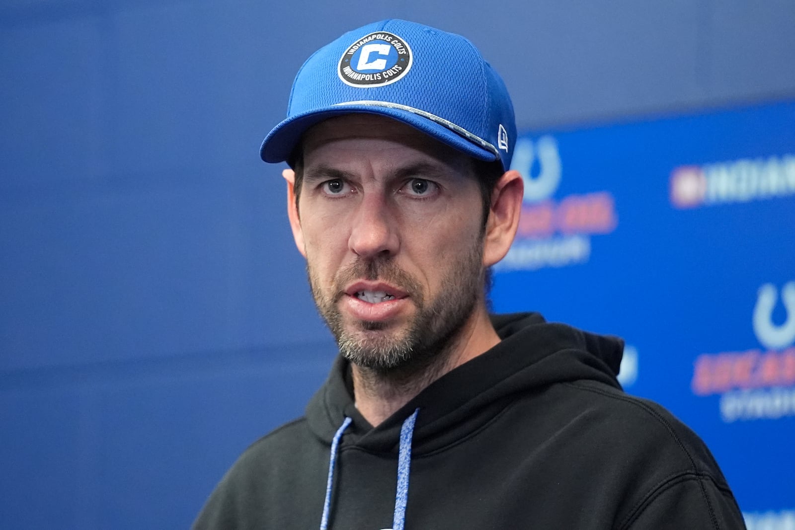 Indianapolis Colts head coach Shane Steichen speaks during a news conference after an NFL football game against the Jacksonville Jaguars, Sunday, Jan. 5, 2025, in Indianapolis. The Colts won 26-23 in overtime. (AP Photo/Darron Cummings)