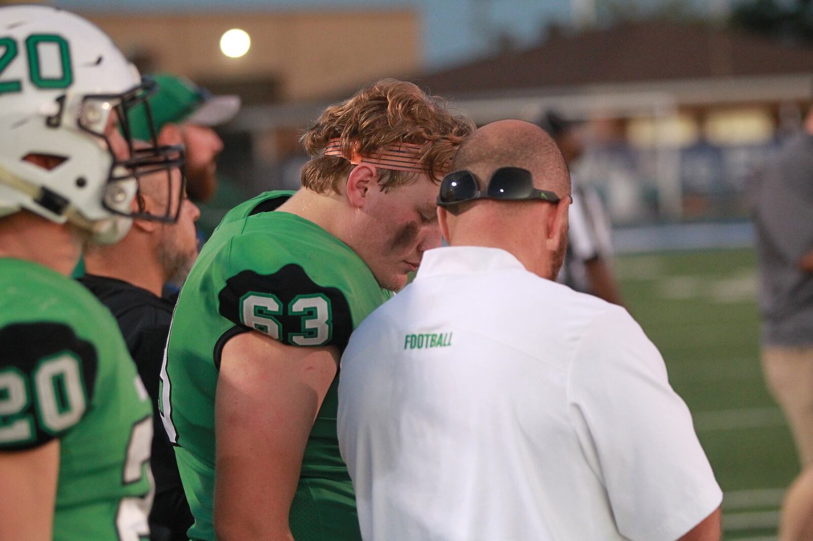 Badin senior Jack Long (63) goes over plays during a 42-7 Week 6 defeat of visiting Alter at Virgil Schwarm Stadium on Friday, Oct. 4, 2019. MARC PENDLETON