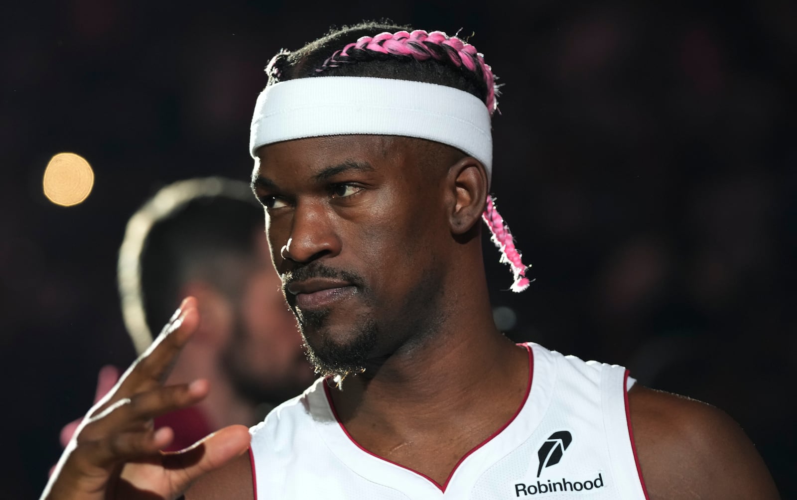 Miami Heat forward Jimmy Butler is introduced before an NBA basketball game against the New Orleans Pelicans Wednesday, Jan. 1, 2025, in Miami. (AP Photo/Lynne Sladky)