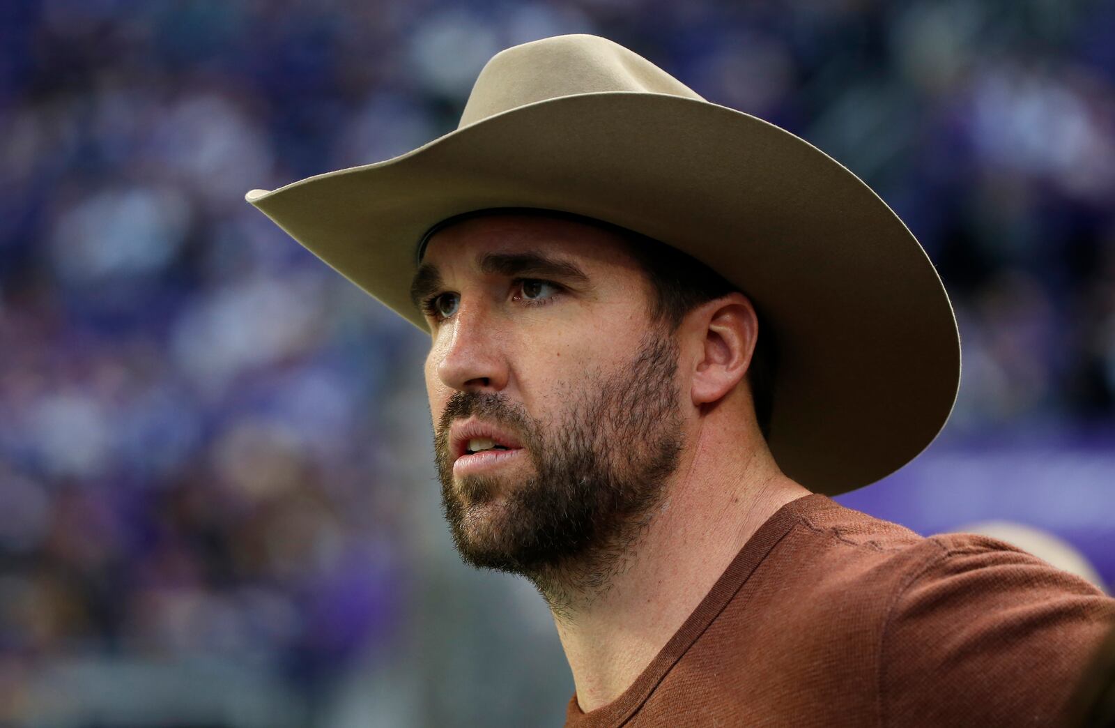 FILE - Former Minnesota Vikings defensive end Jared Allen stands on the field before an NFL football game between the Vikings and the Los Angeles Rams, on Nov. 19, 2017, in Minneapolis. (AP Photo/Bruce Kluckhohn, File)