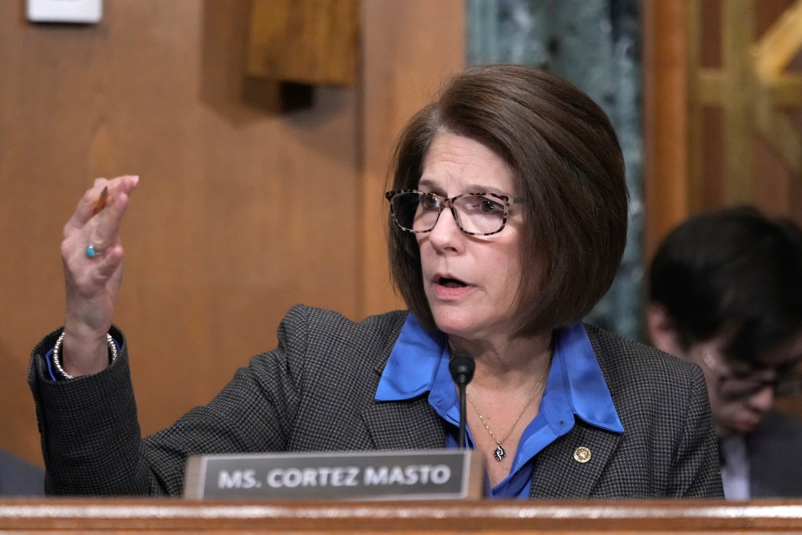 Sen. Catherine Cortez Masto, D-Nev., speaks at the Senate Finance Committee confirmation hearing for Scott Bessent, President-elect Donald Trump's choice to be Secretary of the Treasury, at the Capitol in Washington, Thursday, Jan. 16, 2025. (AP Photo/Ben Curtis)