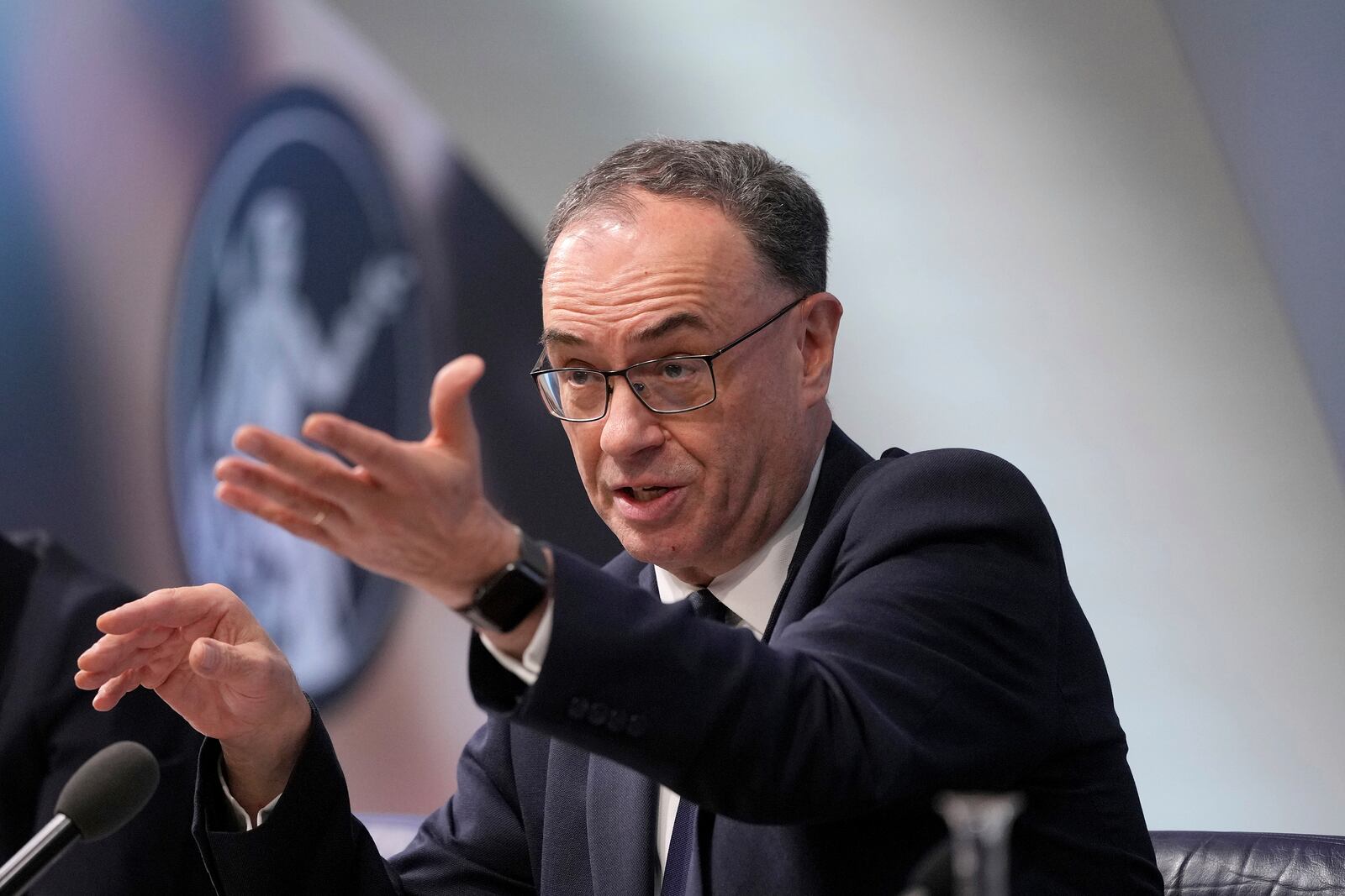 Andrew Bailey, Governor of the Bank of England , gestures during the Monetary Policy Report press conference in London, Thursday, Feb. 6, 2025.(AP Photo/Kin Cheung, Pool)