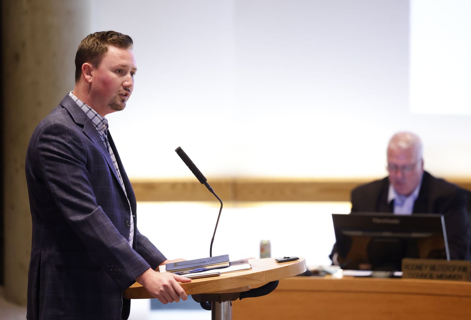 Ohio State Rep. Thomas Hall speaks during the Middletown council meeting Tuesday, Aug. 15, 2023. NICK GRAHAM/STAFF