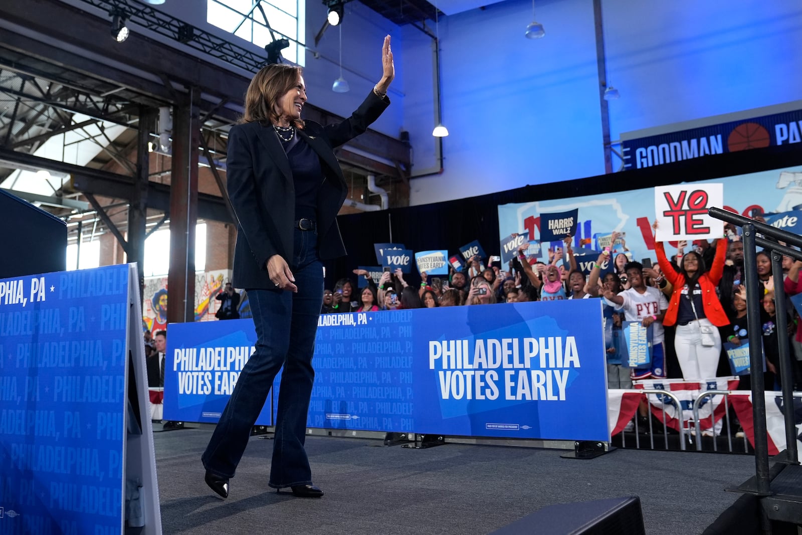 Democratic presidential nominee Vice President Kamala Harris departs after speaking during a community rally at the Alan Horwitz "Sixth Man" Center, Sunday, Oct. 27, 2024, in Philadelphia. (AP Photo/Susan Walsh)