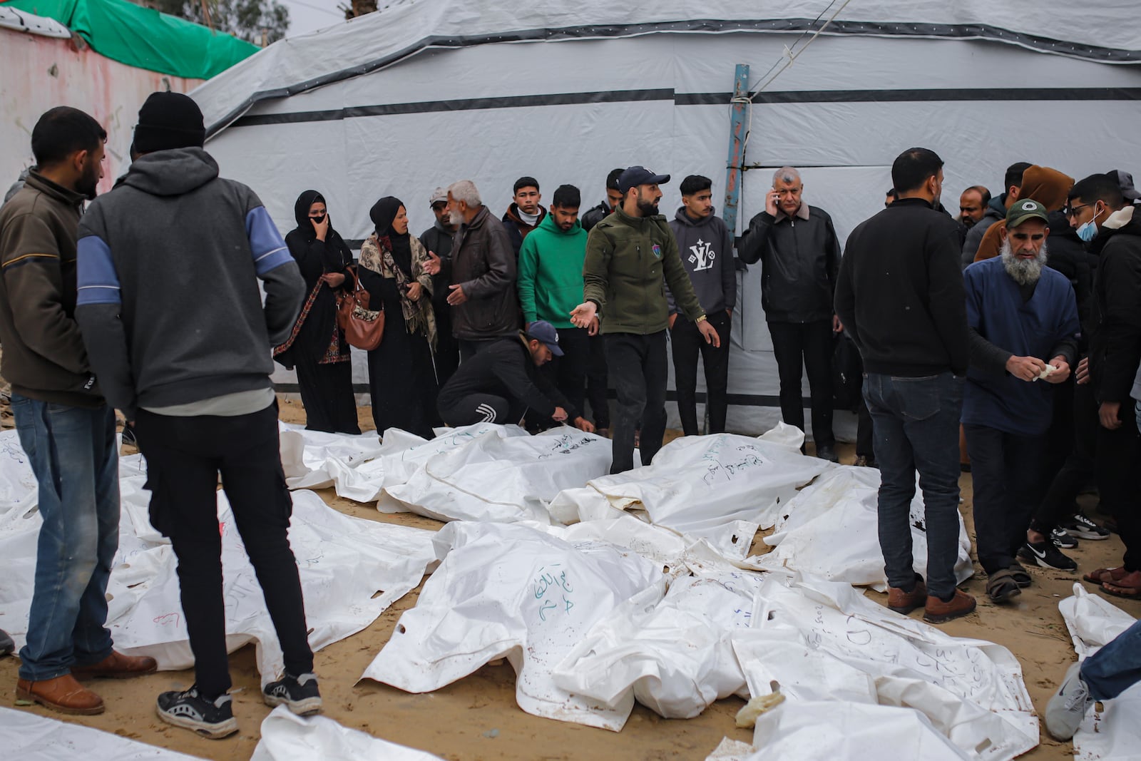 Palestinians look for the bodies of their relatives, who were killed in the Israeli bombardment of the Gaza Strip, at the Nasser hospital in Khan Younis, Southern Gaza Strip, Thursday, Jan. 23, 2025. (AP Photo/Jehad Alshrafi)