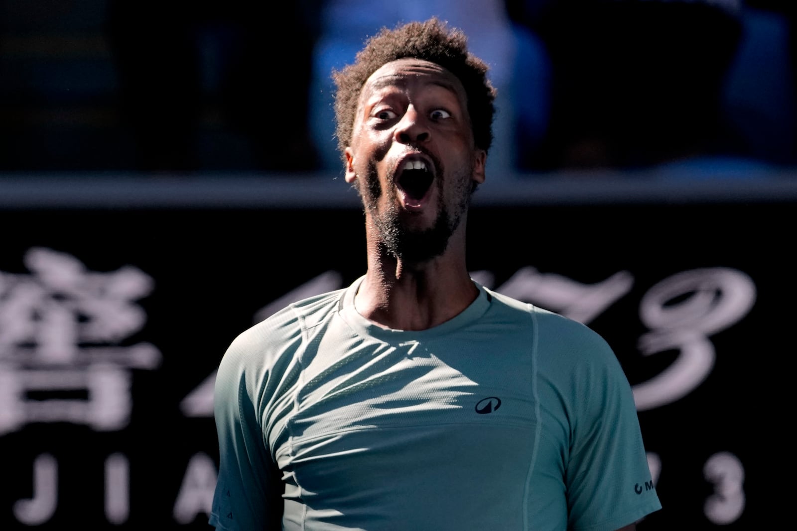 Gael Monfils of France celebrates after defeating Taylor Fritz of the U.S. in their third round match at the Australian Open tennis championship in Melbourne, Australia, Saturday, Jan. 18, 2025. (AP Photo/Manish Swarup)